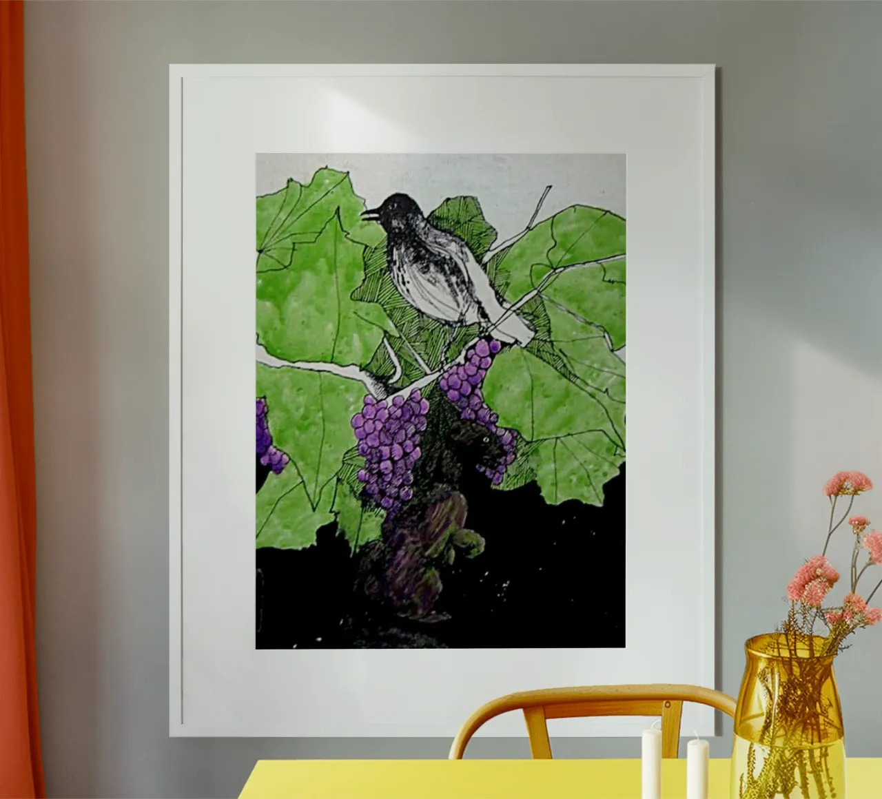 Bird perches on a branch with grapes carta hahnemühle da edsonramosart