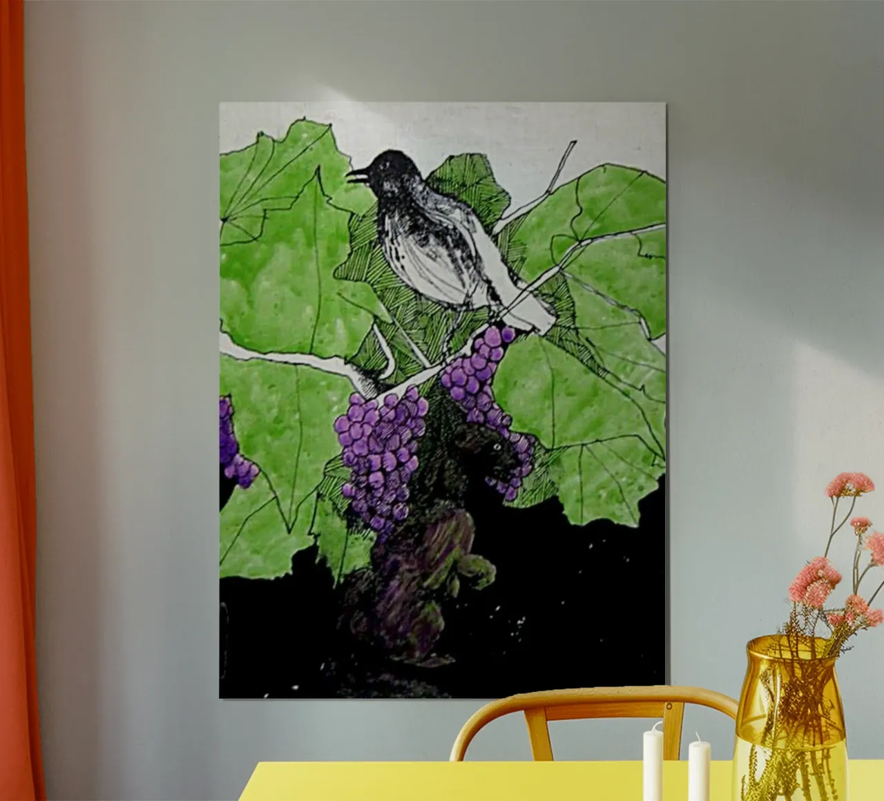 Bird perches on a branch with grapes carta hahnemühle da edsonramosart