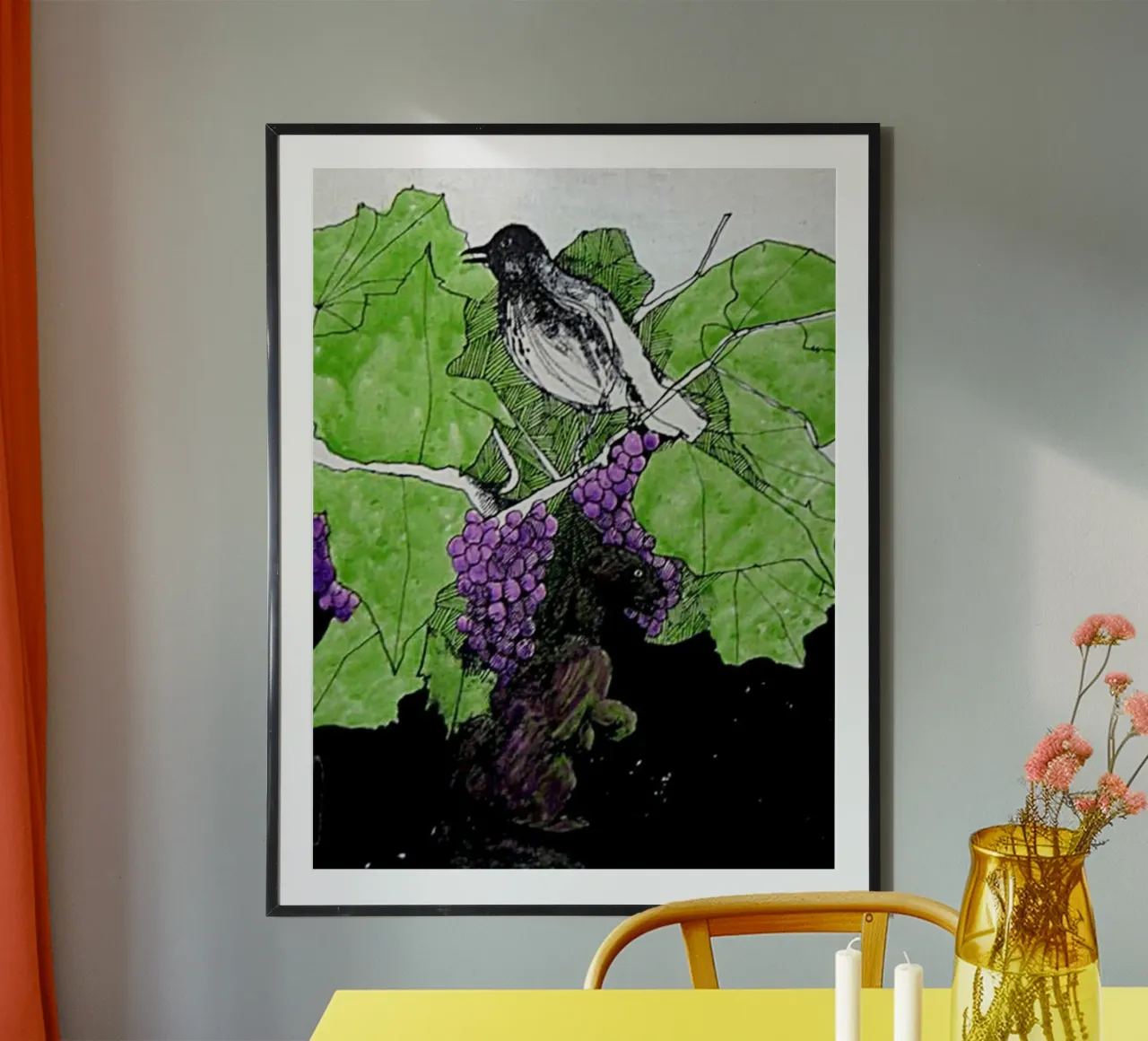 Bird perches on a branch with grapes carta hahnemühle da edsonramosart
