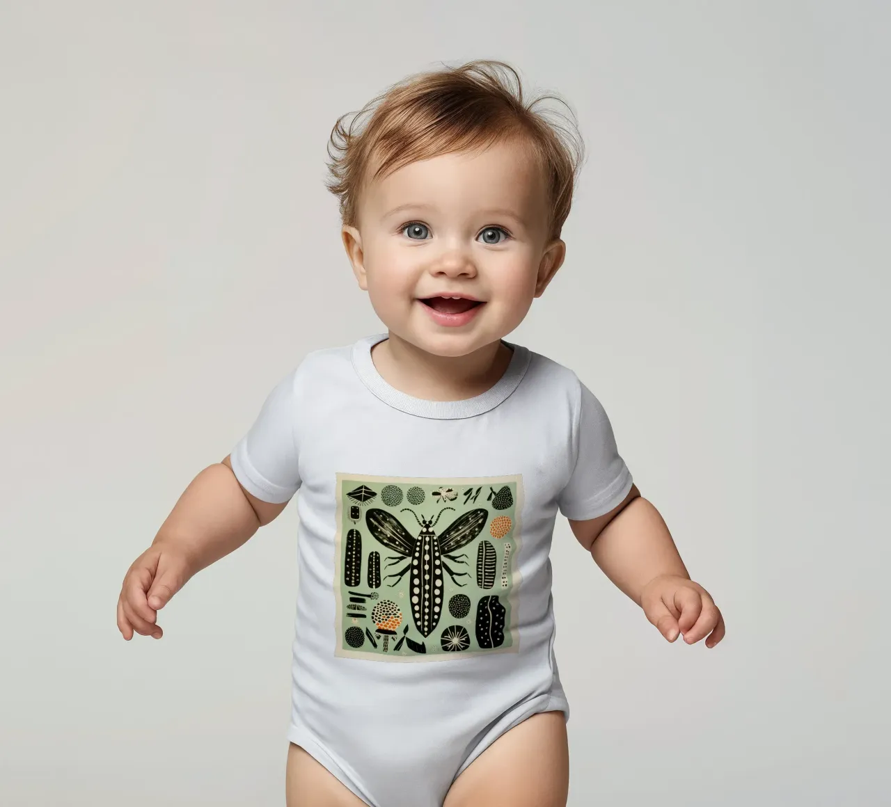 Groene zijderups 2 babyrompertje korte mouwen van Minimal Animal Art