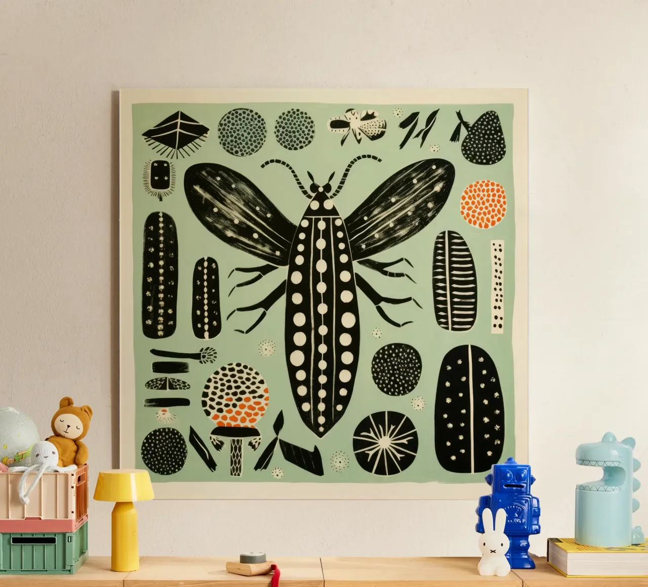 Groene zijderups 2 acryl van Minimal Animal Art