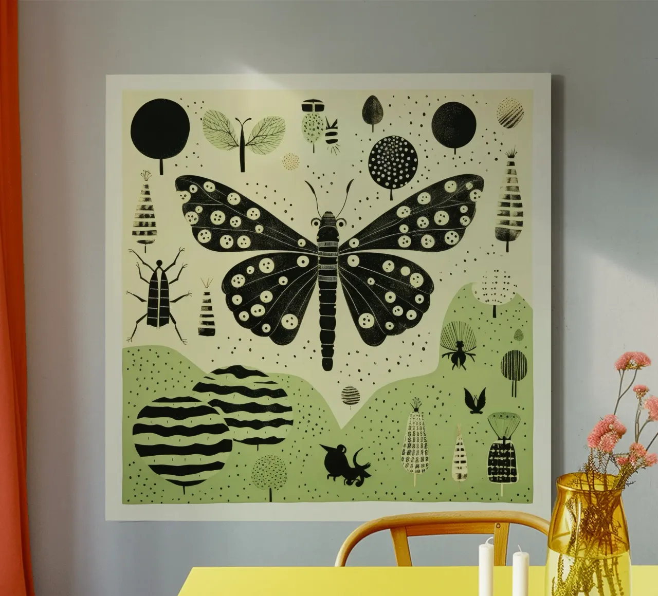 Groene zijderups 3 canvas van Minimal Animal Art