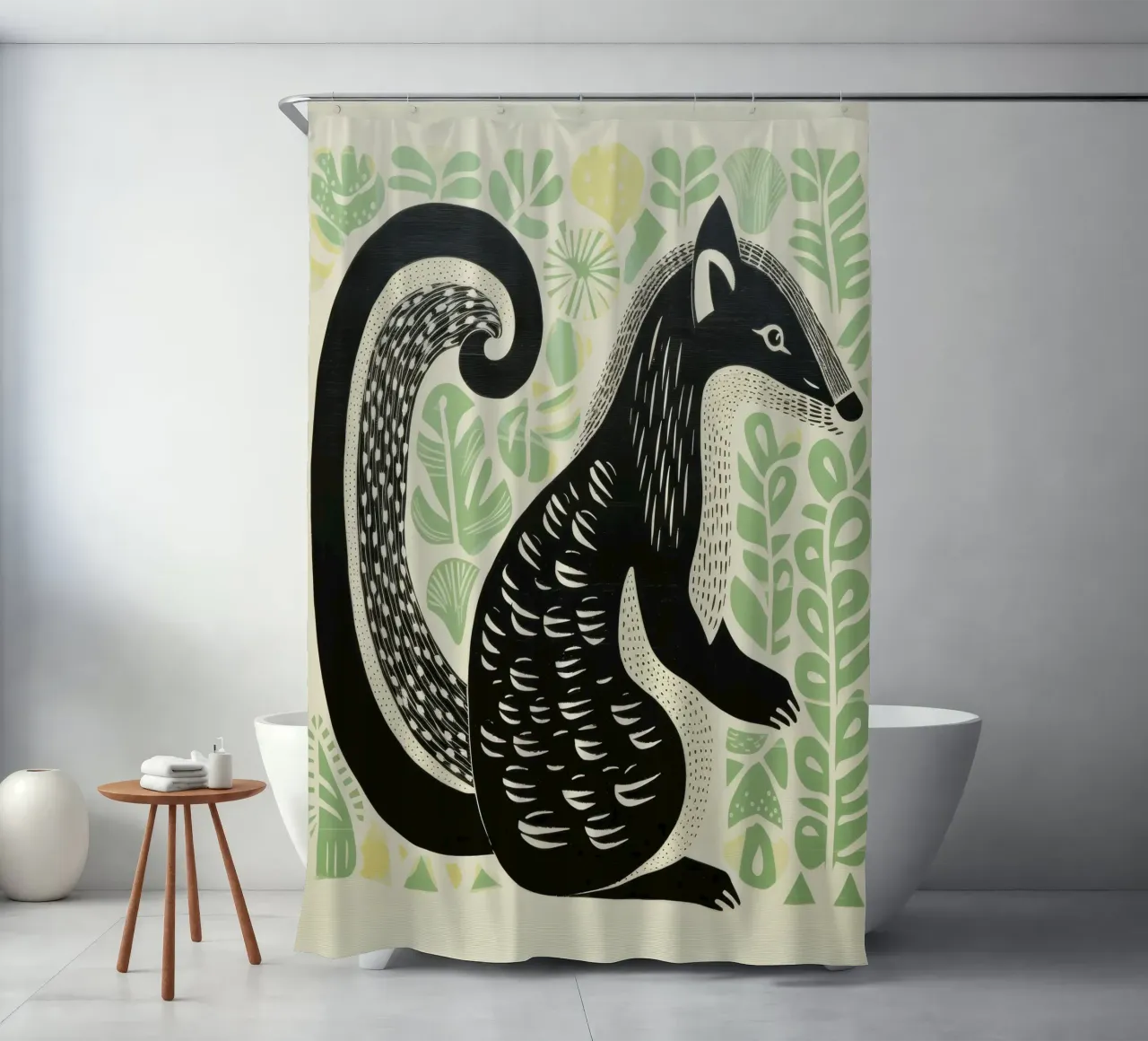 Green Skunk 3 shower curtain by Minimal Animal Art