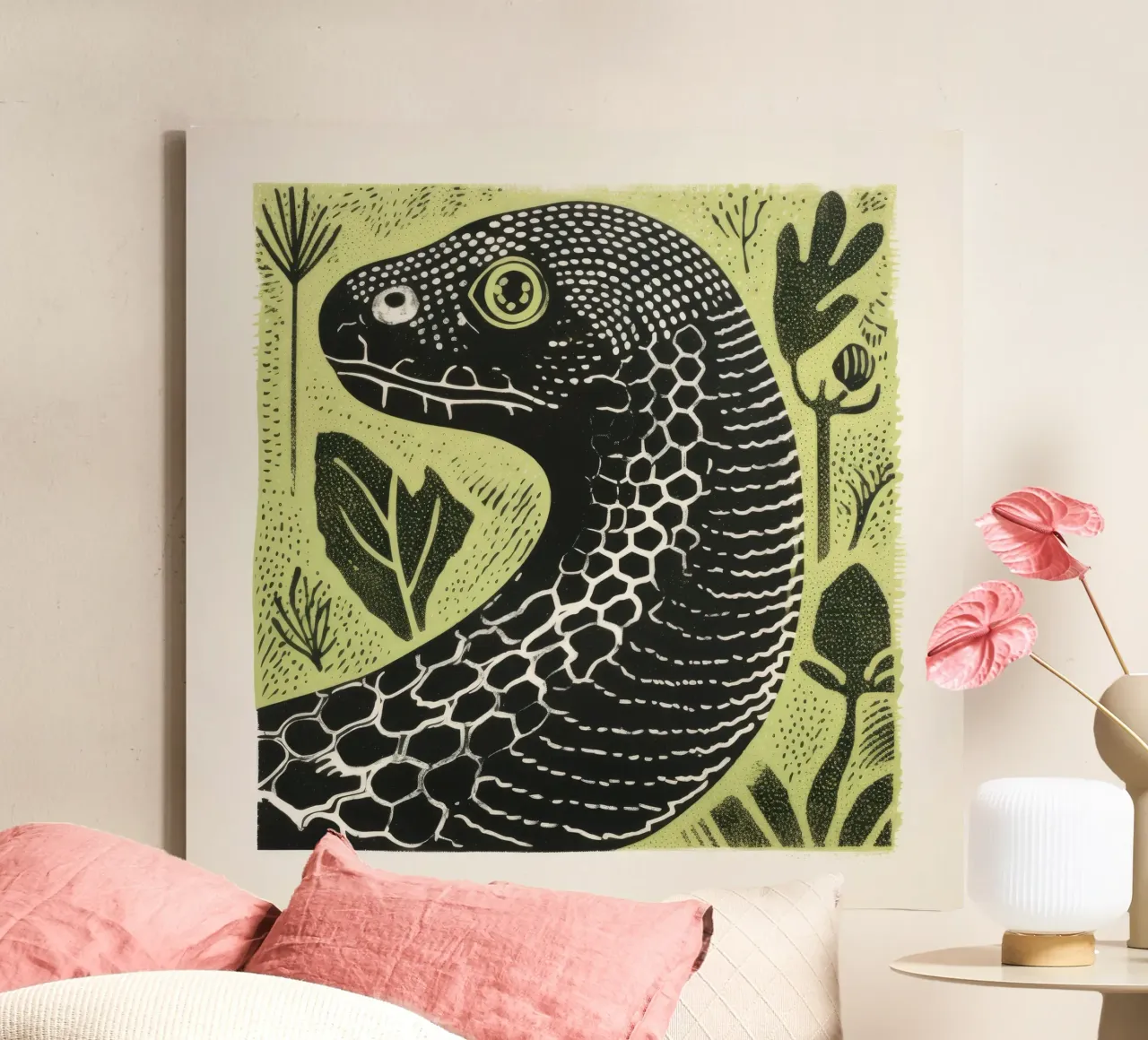 Serpente verde 2 tela con Cornice a cassetta da Minimal Animal Art