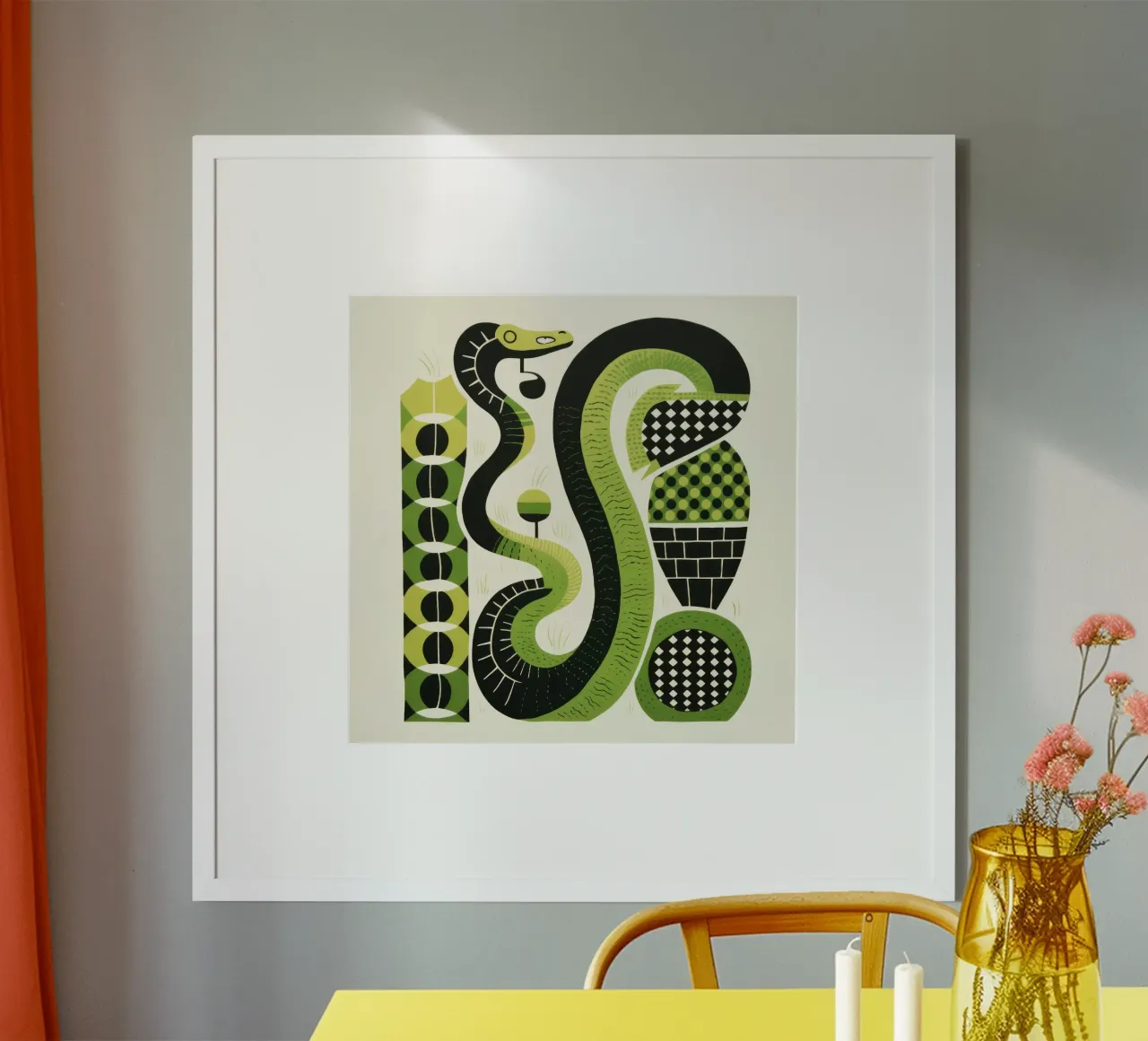 Serpente verde 4 poster con telaio in legno da Minimal Animal Art