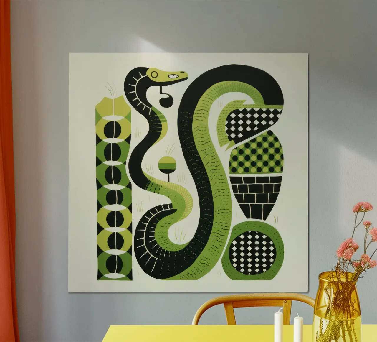 Serpente verde 4 poster con telaio in legno da Minimal Animal Art