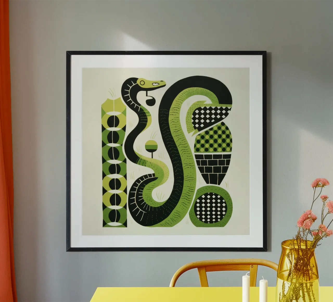 Serpente verde 4 poster con telaio in legno da Minimal Animal Art