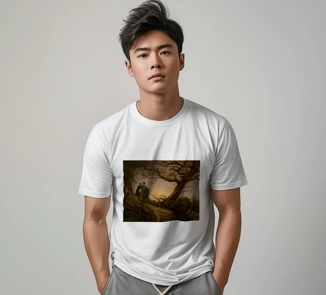 Caspar David Friedrich - Twee mannen die de maan aanschouwen t-shirt van Timeless Artworks