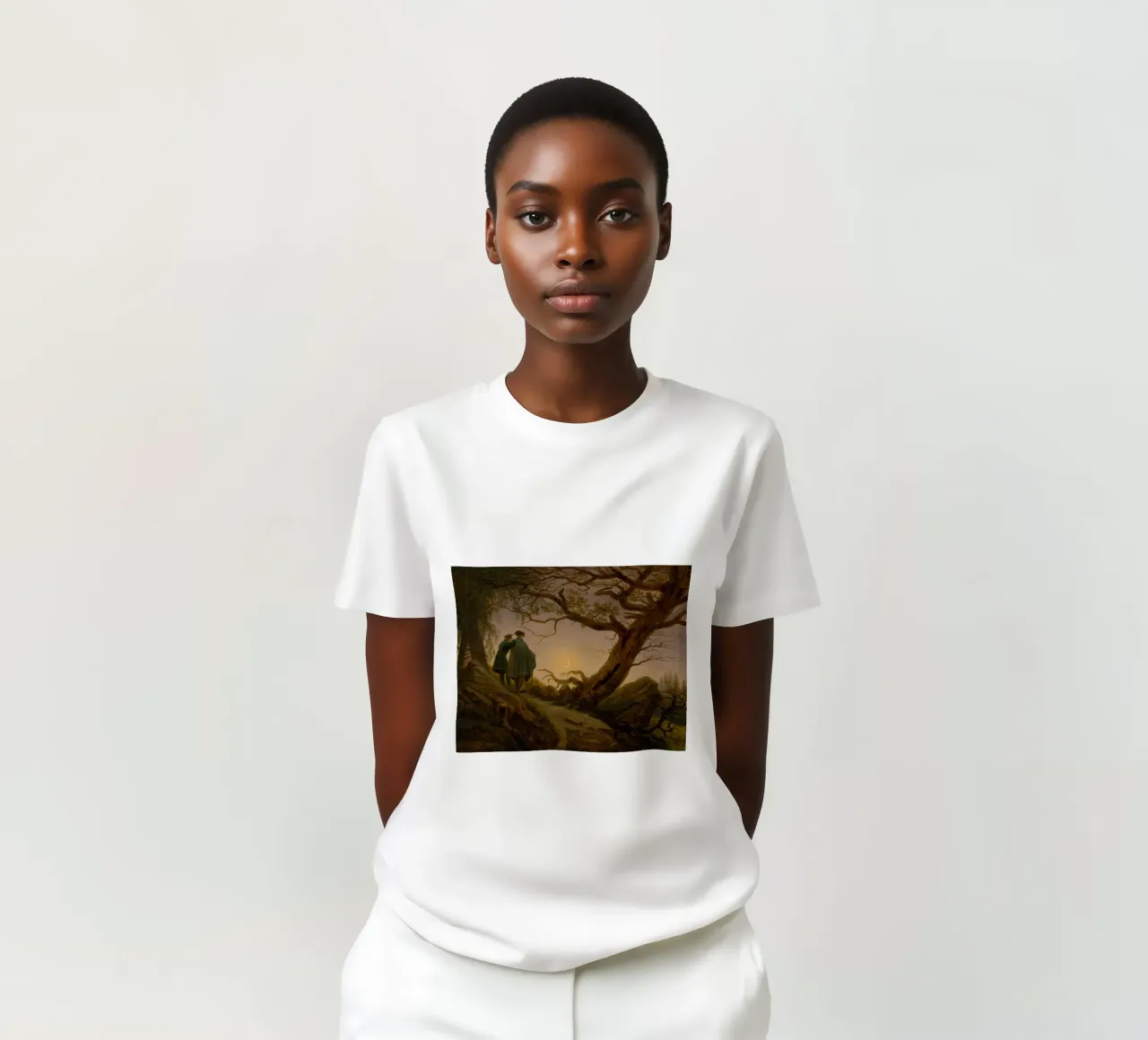 Caspar David Friedrich - Twee mannen die de maan aanschouwen t-shirt van Timeless Artworks
