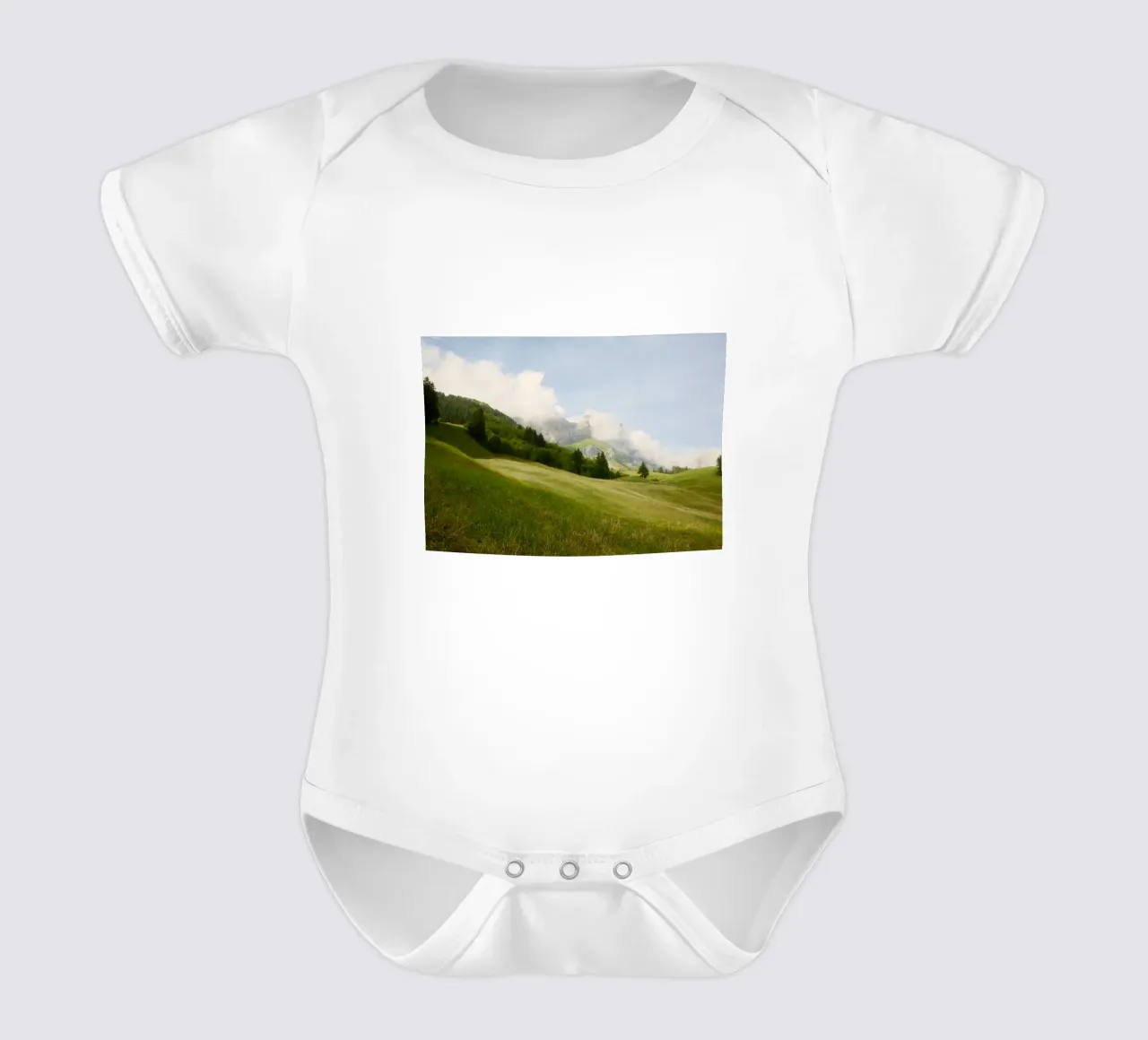 Misty Alpine Meadows short-sleeve baby romper by FujiSwiss