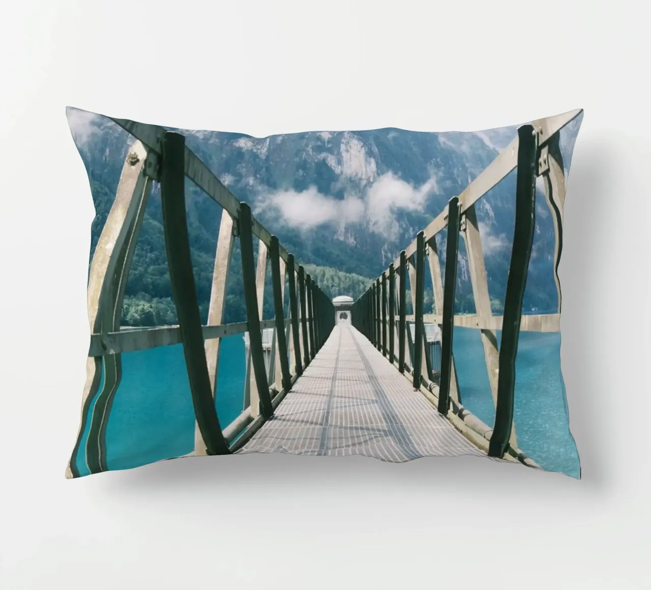 Industrial Bridge Over Tranquil Waters cuscino da FujiSwiss