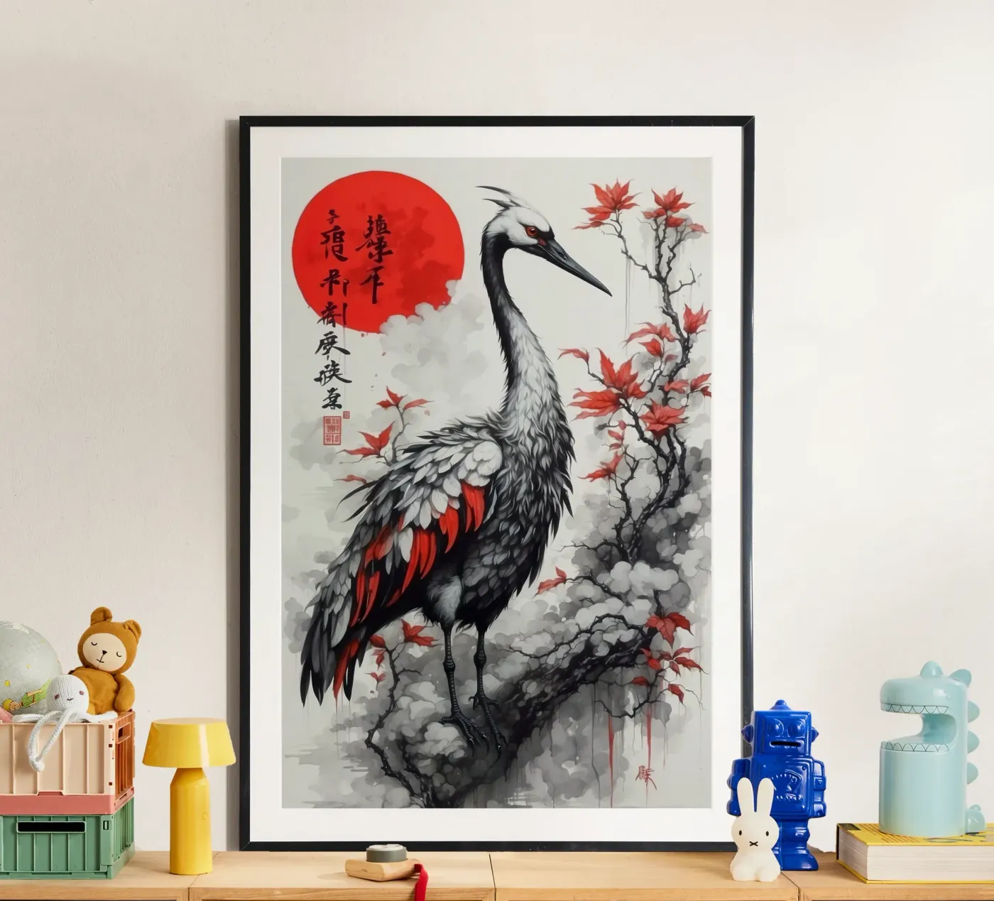 Dipinto con gru e sole rosso poster da 🎁 NOBELART