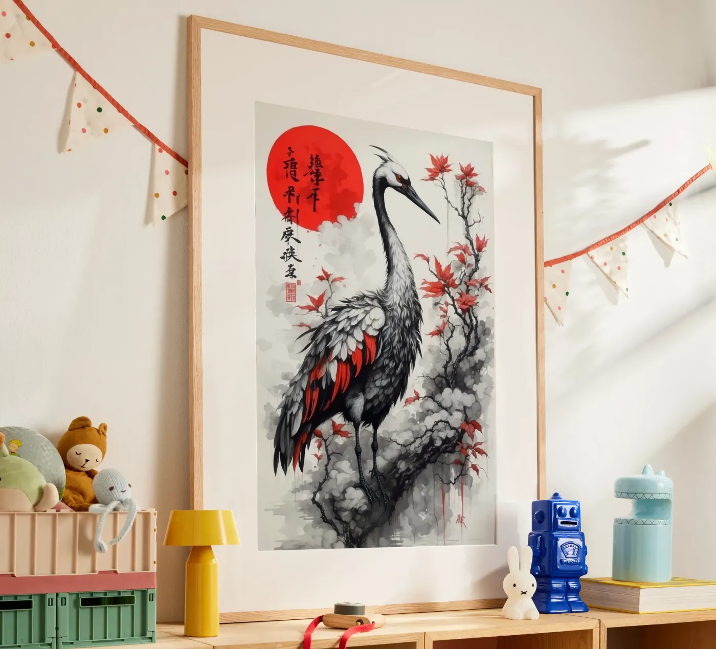 Dipinto con gru e sole rosso poster da 🎁 NOBELART