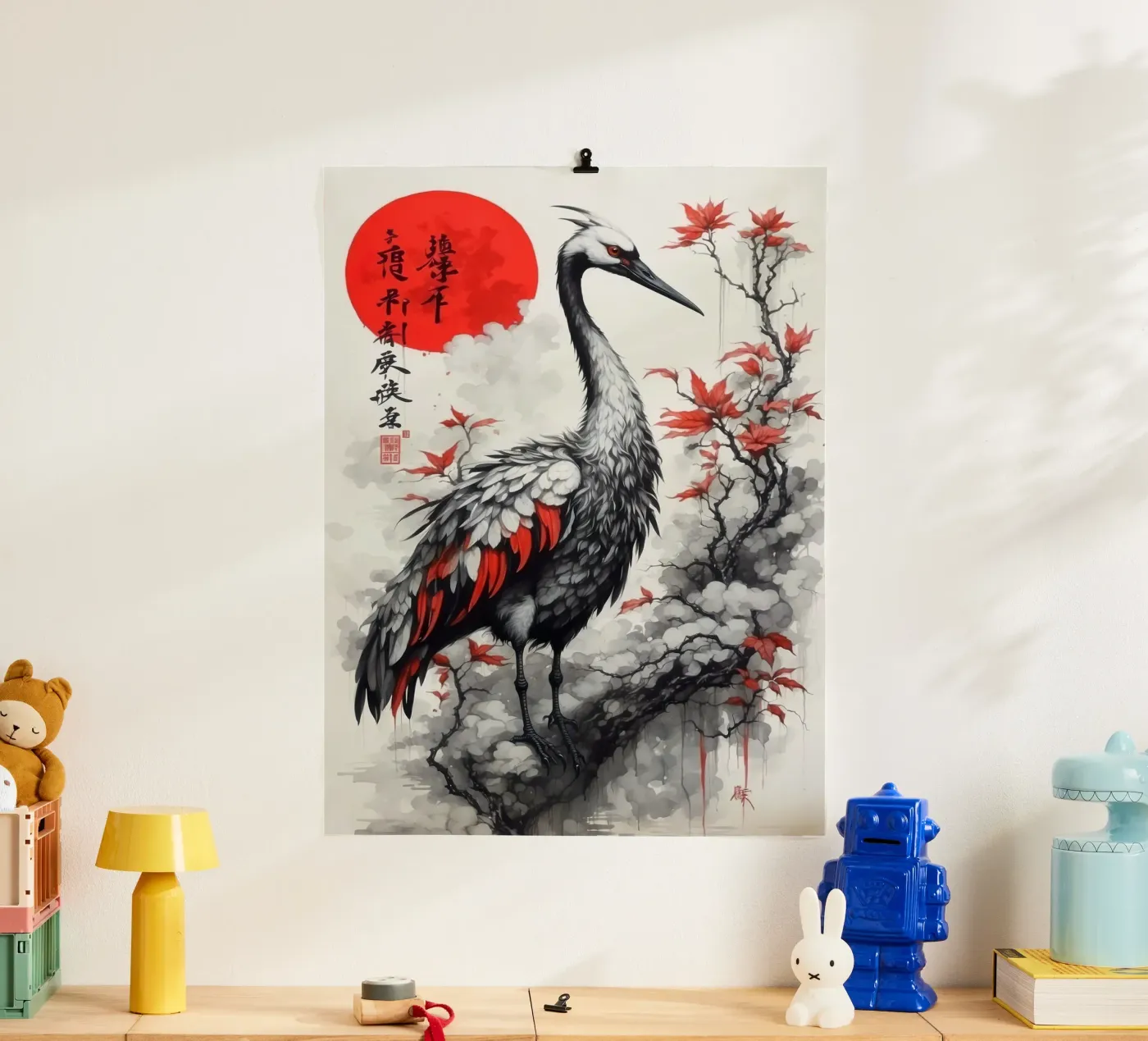 Dipinto con gru e sole rosso poster da 🎁 NOBELART