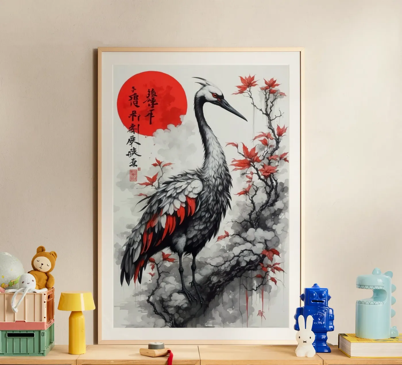 Dipinto con gru e sole rosso poster da 🎁 NOBELART