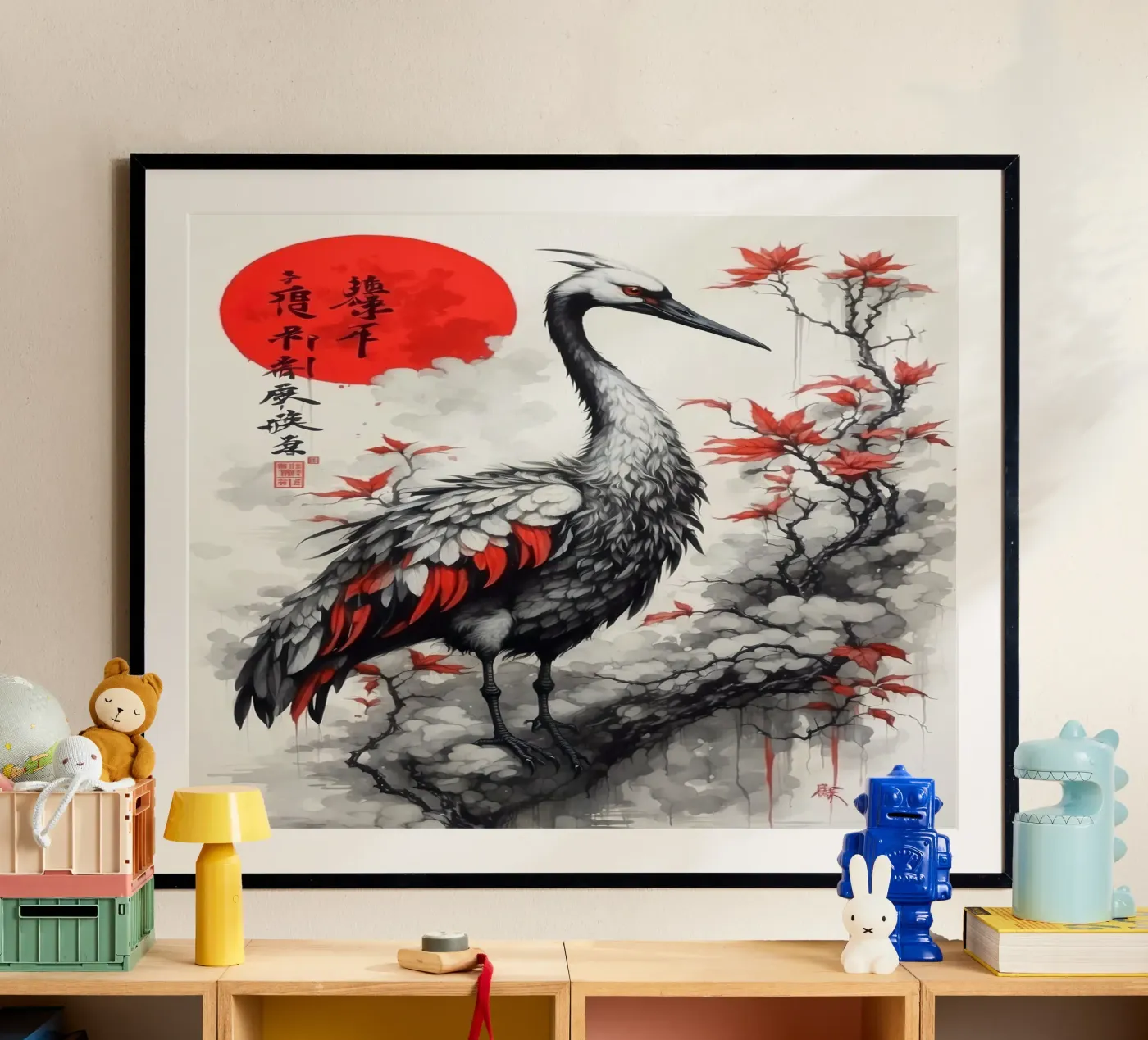 Dipinto con gru e sole rosso poster da 🎁 NOBELART