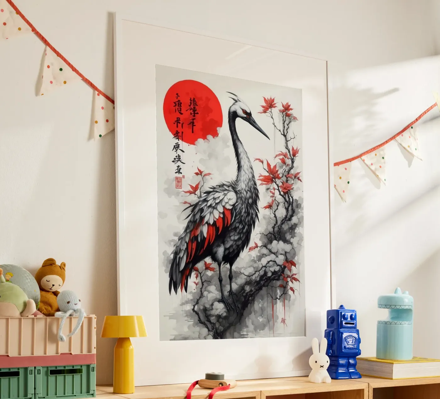 Dipinto con gru e sole rosso poster da 🎁 NOBELART