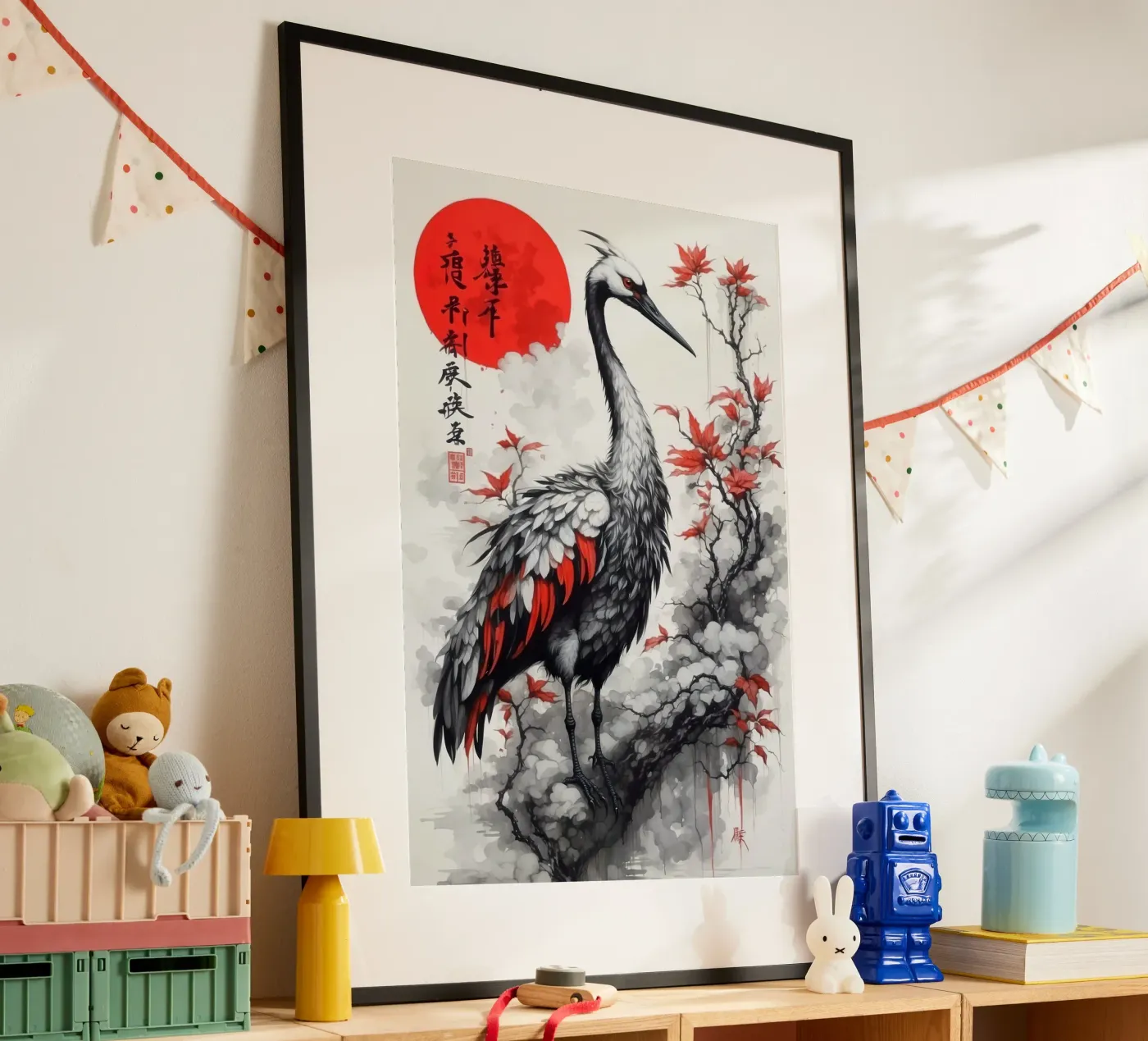 Dipinto con gru e sole rosso poster da 🎁 NOBELART