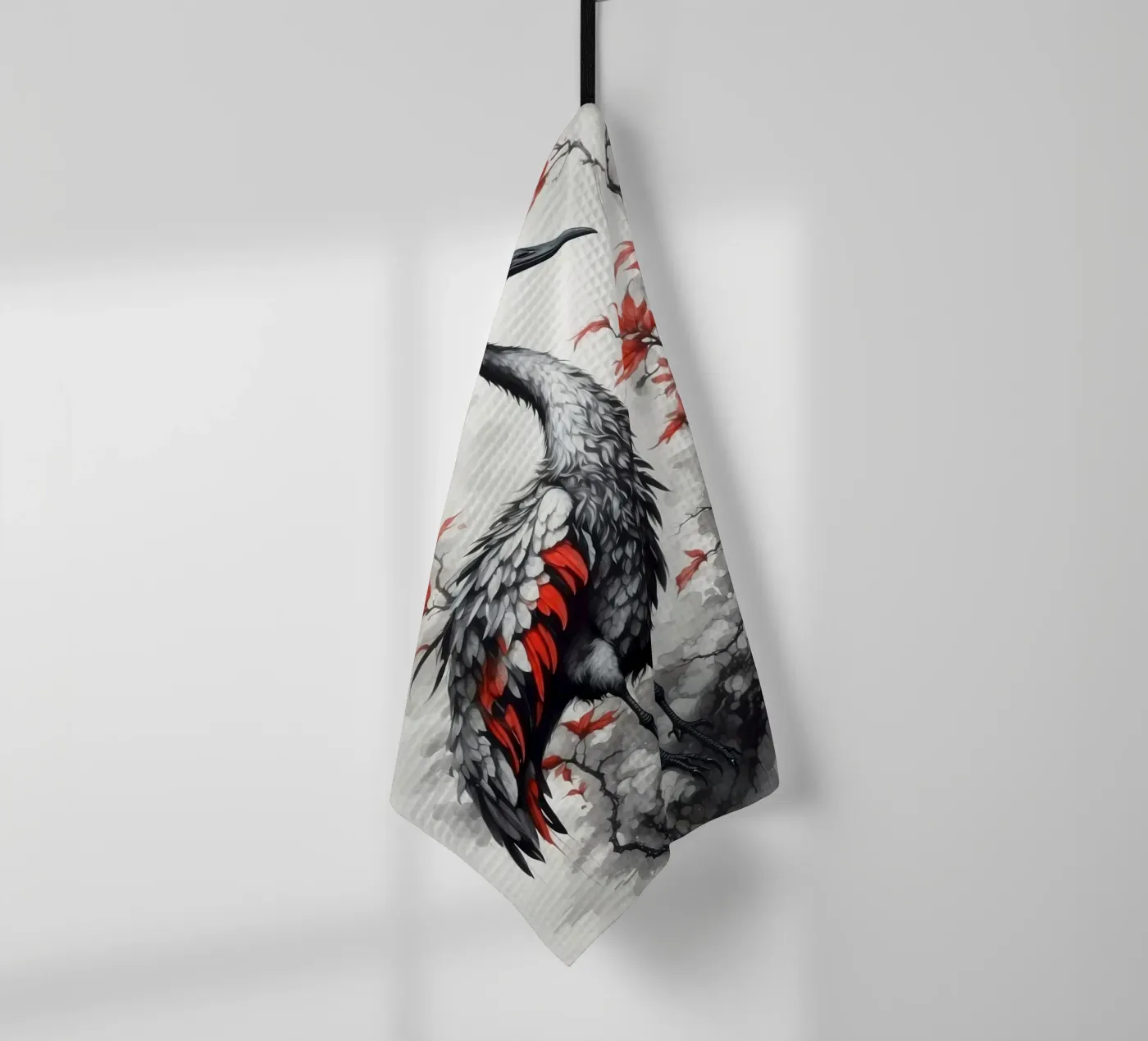 Peinture représentant une grue et un soleil rouge torchon de 🎁 NOBELART