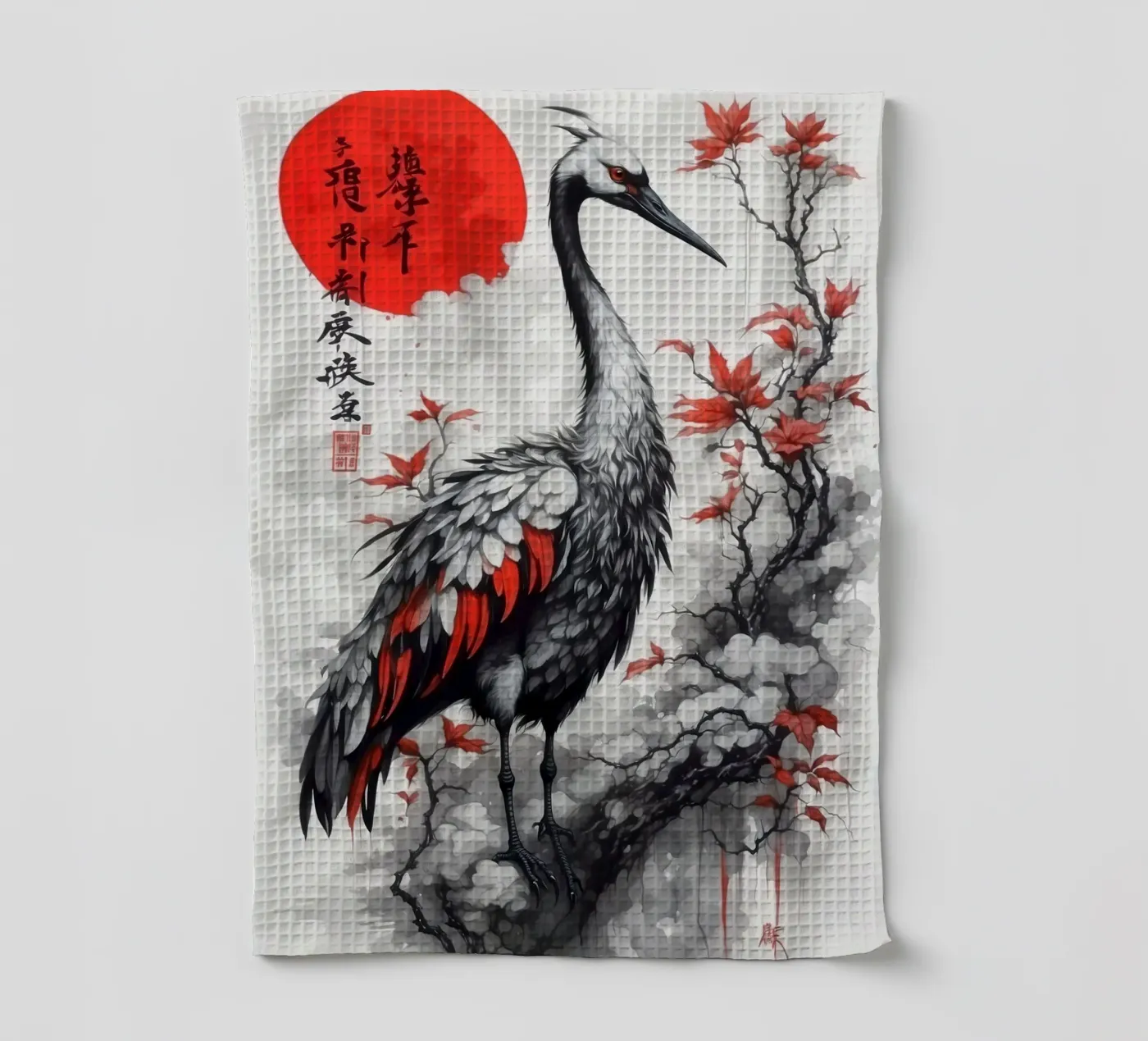 Peinture représentant une grue et un soleil rouge torchon de 🎁 NOBELART