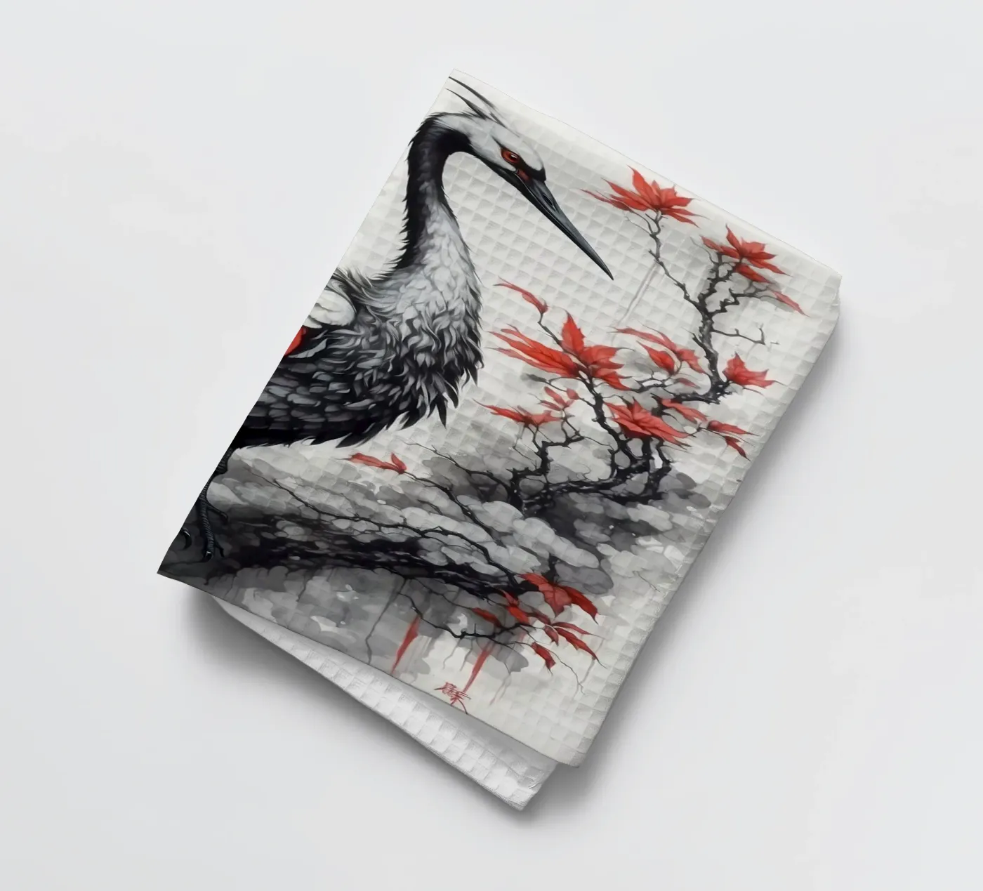 Peinture représentant une grue et un soleil rouge torchon de 🎁 NOBELART