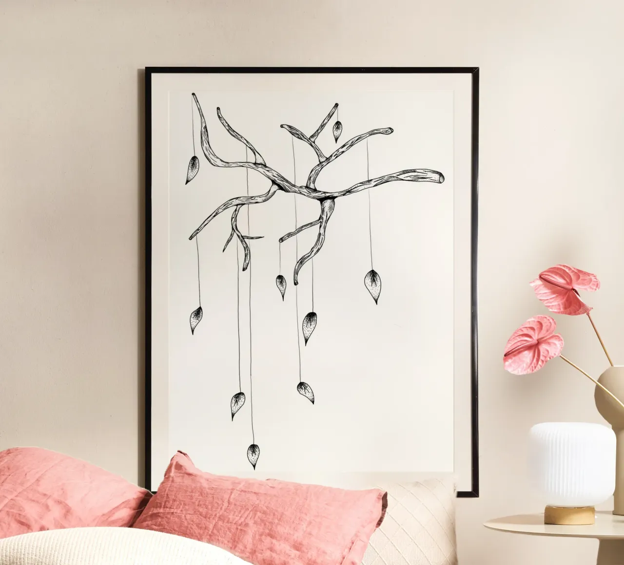 Lineart | falling Leaves poster con telaio in legno da venten