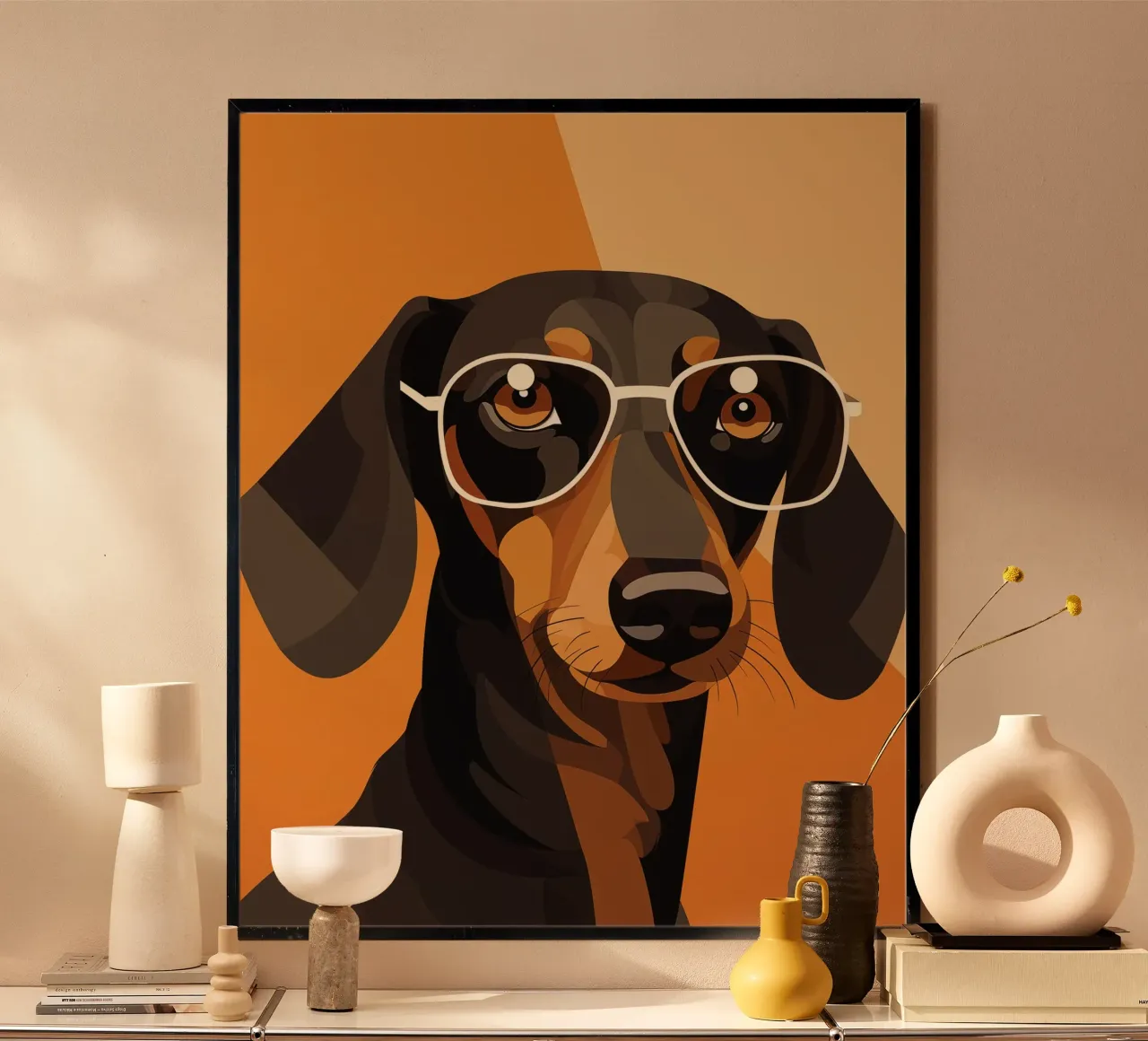 Bassotto con occhiali poster con telaio in alluminio da Katja Stehle Design