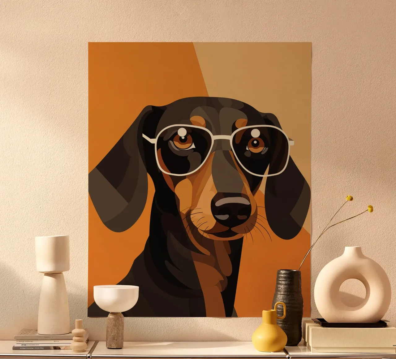 Bassotto con occhiali poster con telaio in alluminio da Katja Stehle Design