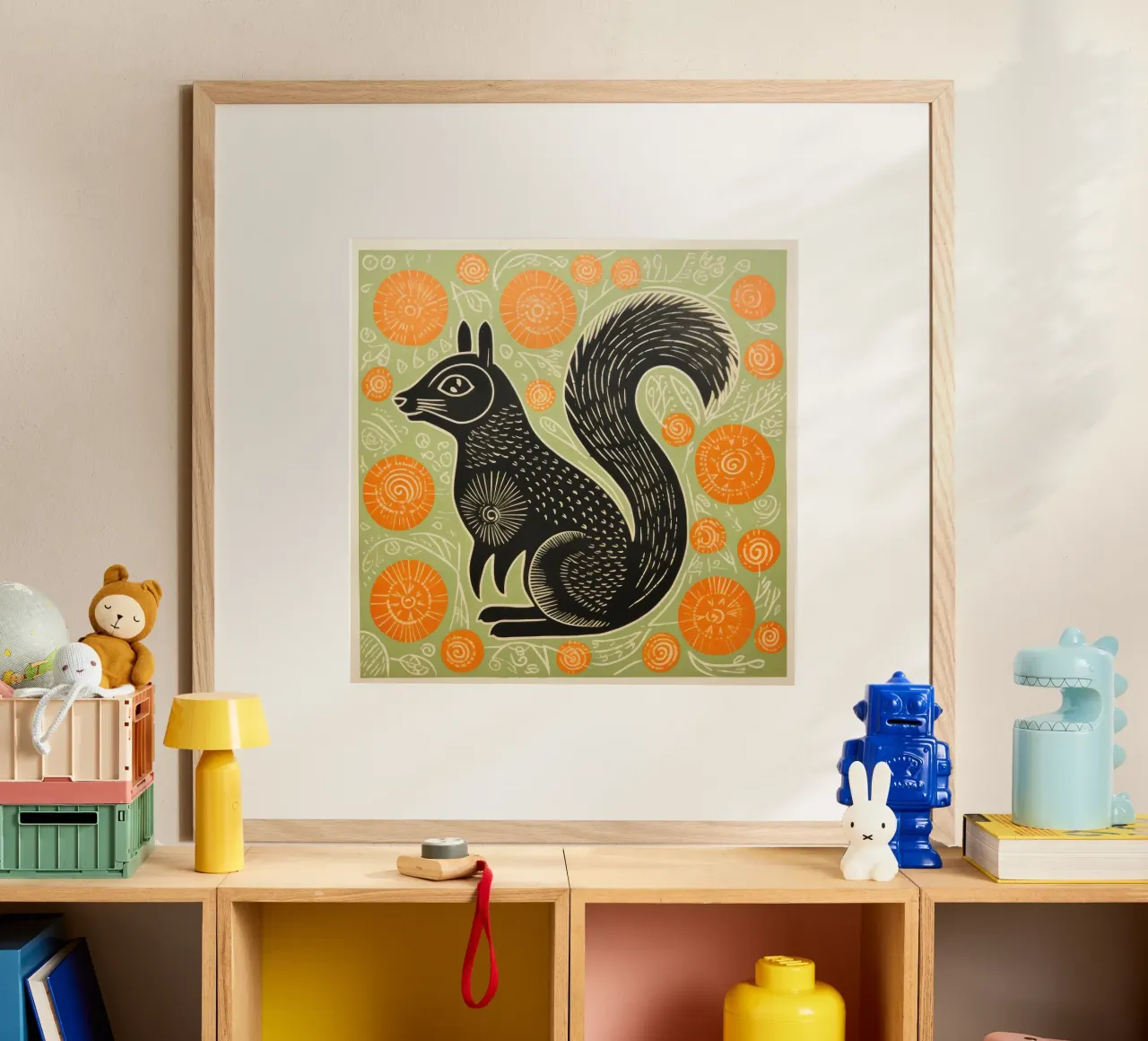 Scoiattolo verde 1 poster con telaio in legno da Minimal Animal Art