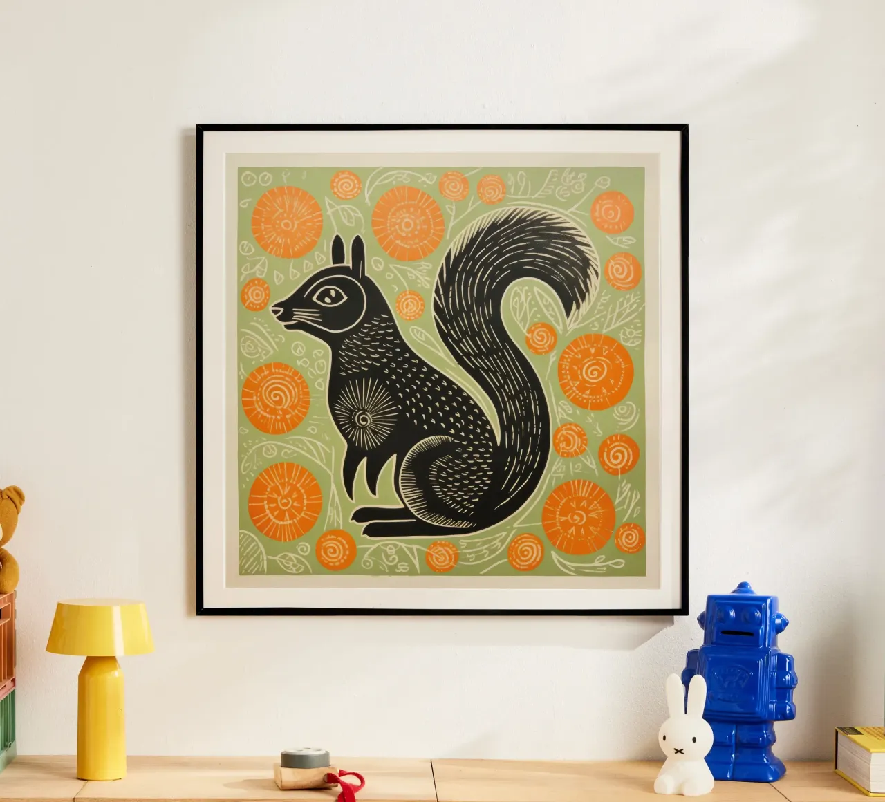 Scoiattolo verde 1 poster con telaio in legno da Minimal Animal Art
