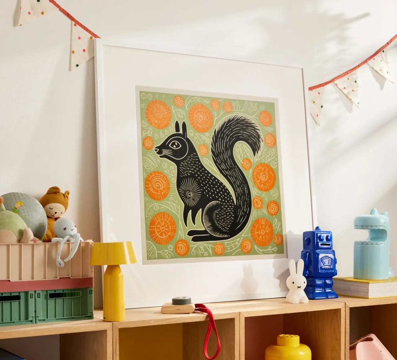 Scoiattolo verde 1 poster con telaio in legno da Minimal Animal Art