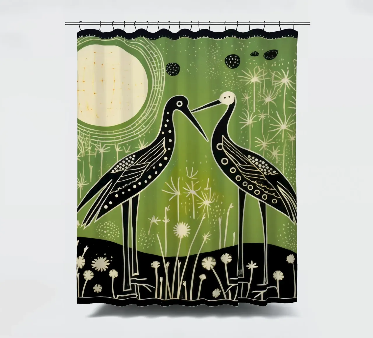 Green Stork 4 shower curtain by Minimal Animal Art