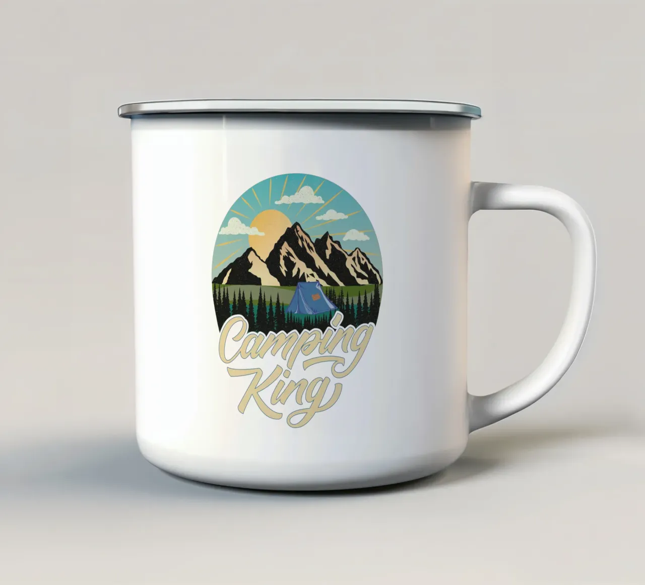 Re del campeggio. Cool hand lettering con natura, montagne, tenda. tazza in smalto da CalliLetters