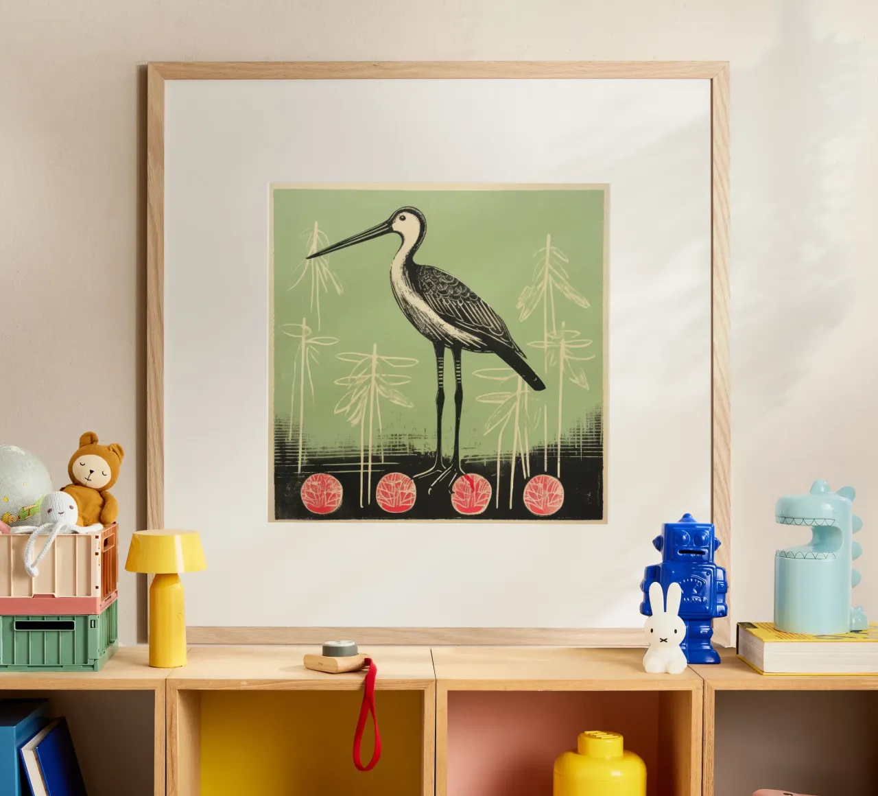 Cicogna verde 3 poster con telaio in legno da Minimal Animal Art