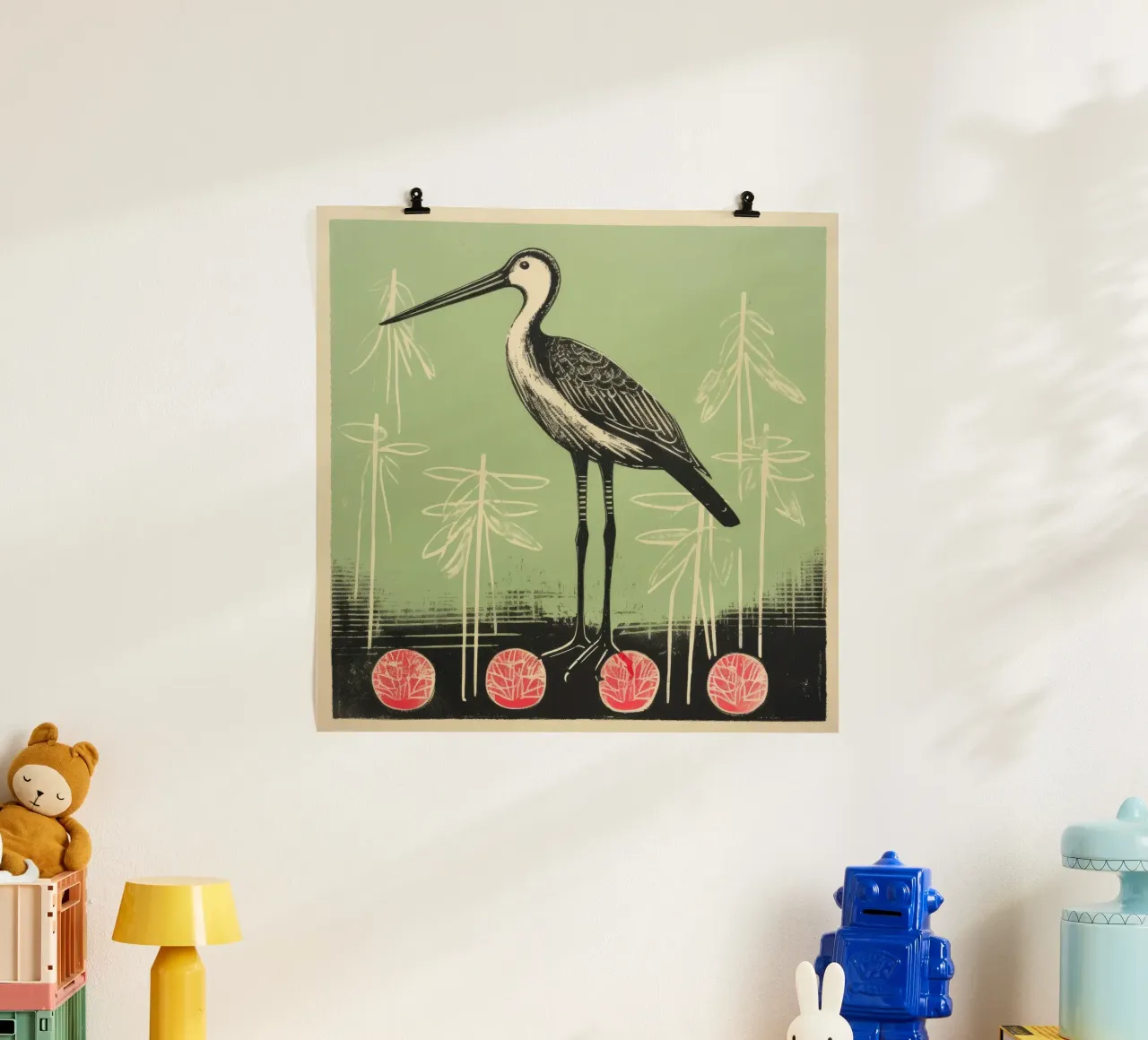 Cicogna verde 3 poster con telaio in legno da Minimal Animal Art