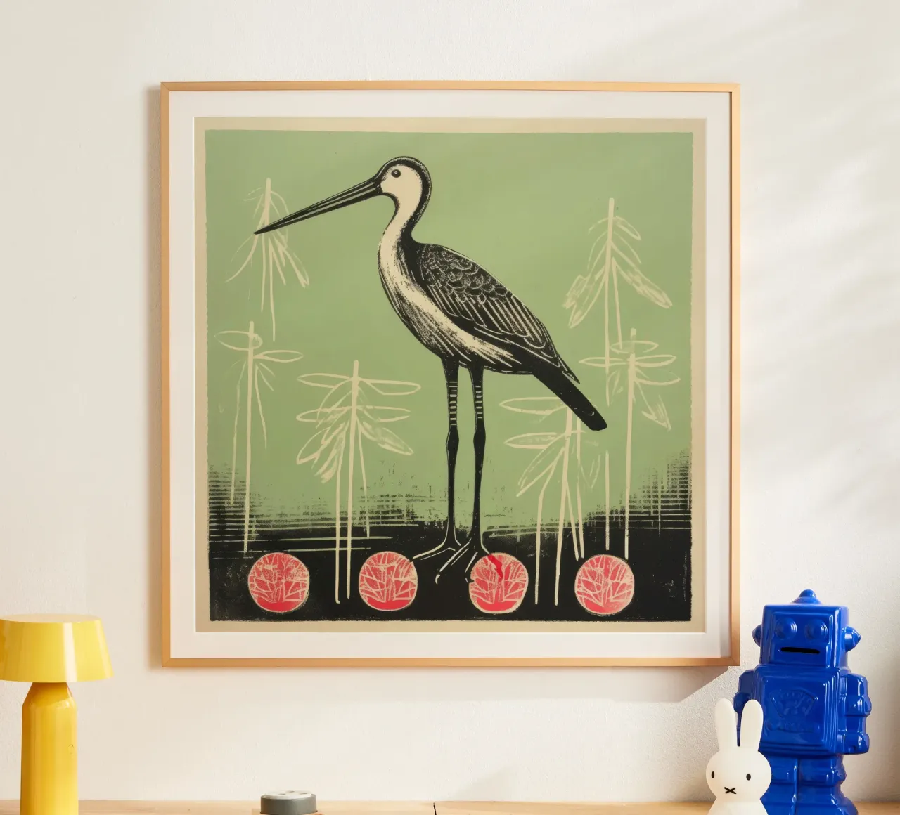 Cicogna verde 3 poster con telaio in legno da Minimal Animal Art