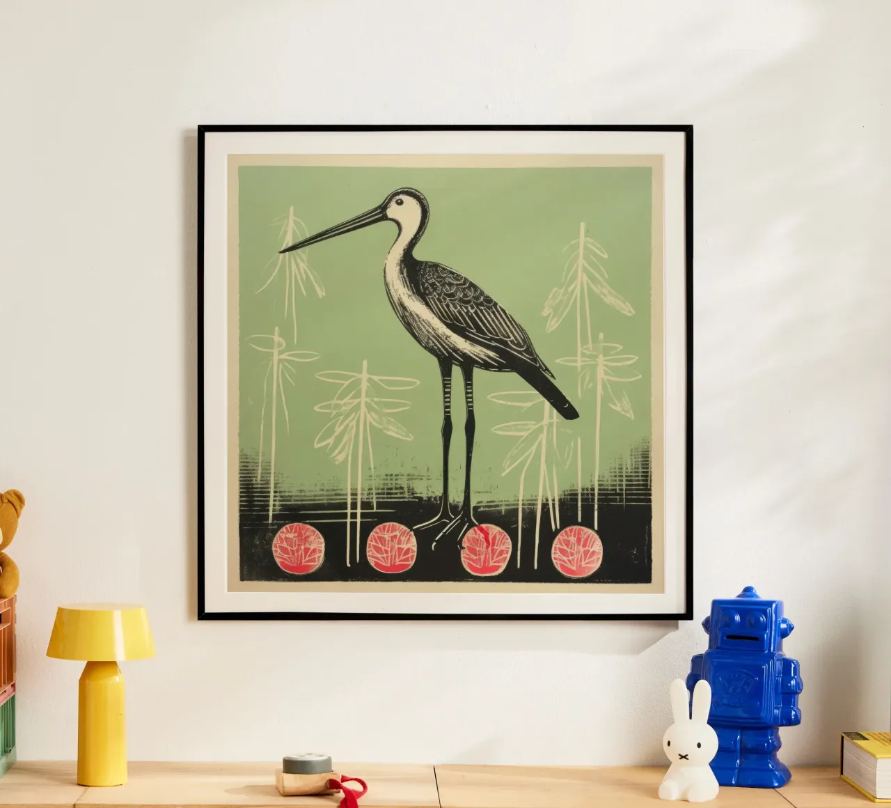 Cicogna verde 3 poster con telaio in legno da Minimal Animal Art