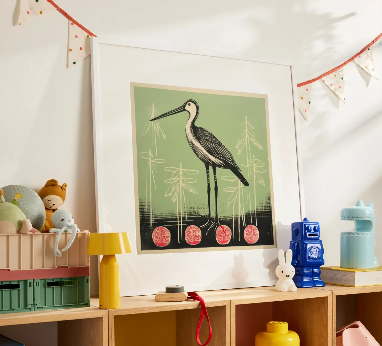 Cicogna verde 3 poster con telaio in legno da Minimal Animal Art