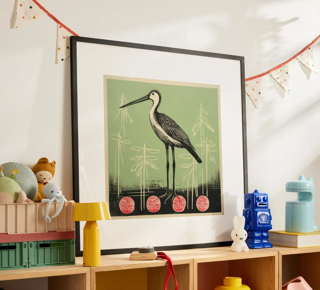 Cicogna verde 3 poster con telaio in legno da Minimal Animal Art