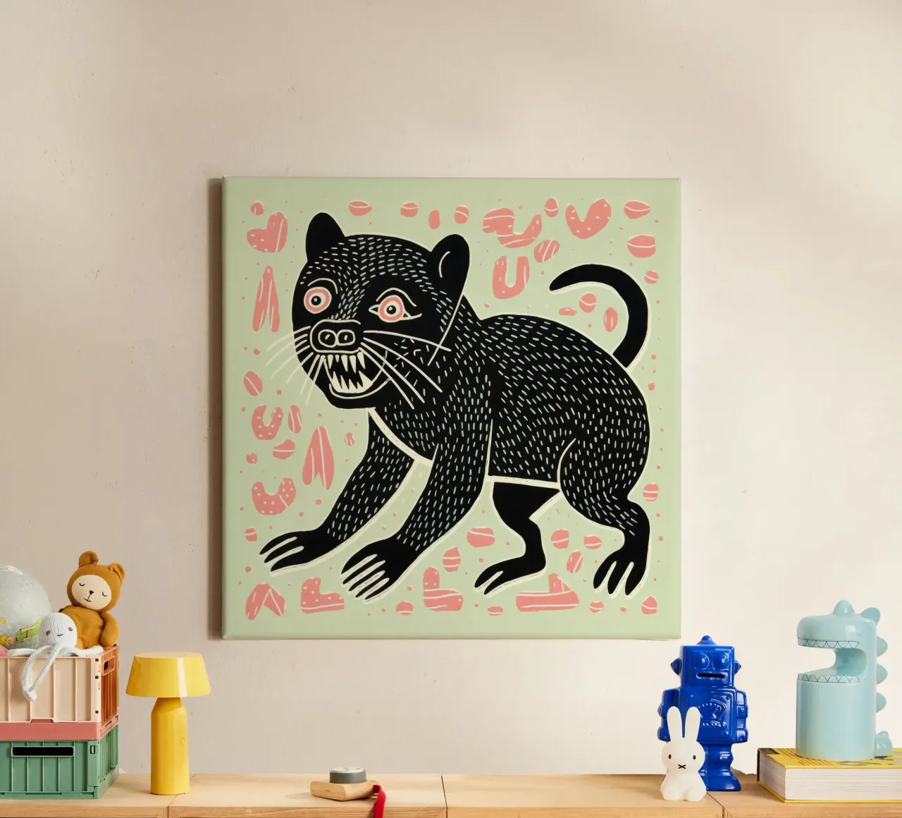 Groene Tasmaanse Duivel 4 canvas met Baklijst van Minimal Animal Art