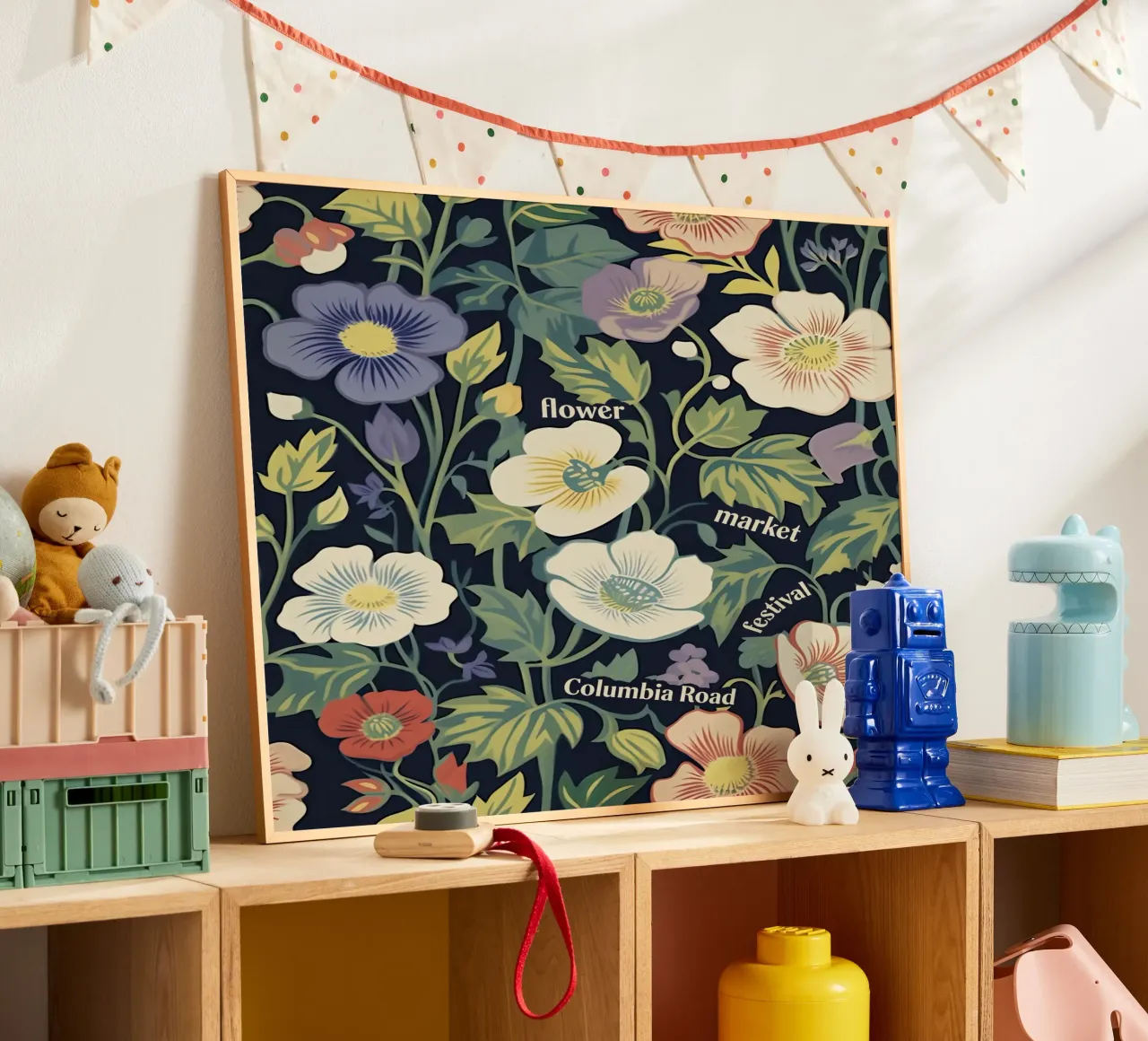 Festival del Mercato dei Fiori, Columbia Road Londra poster con telaio in legno da Peaches Art Prints