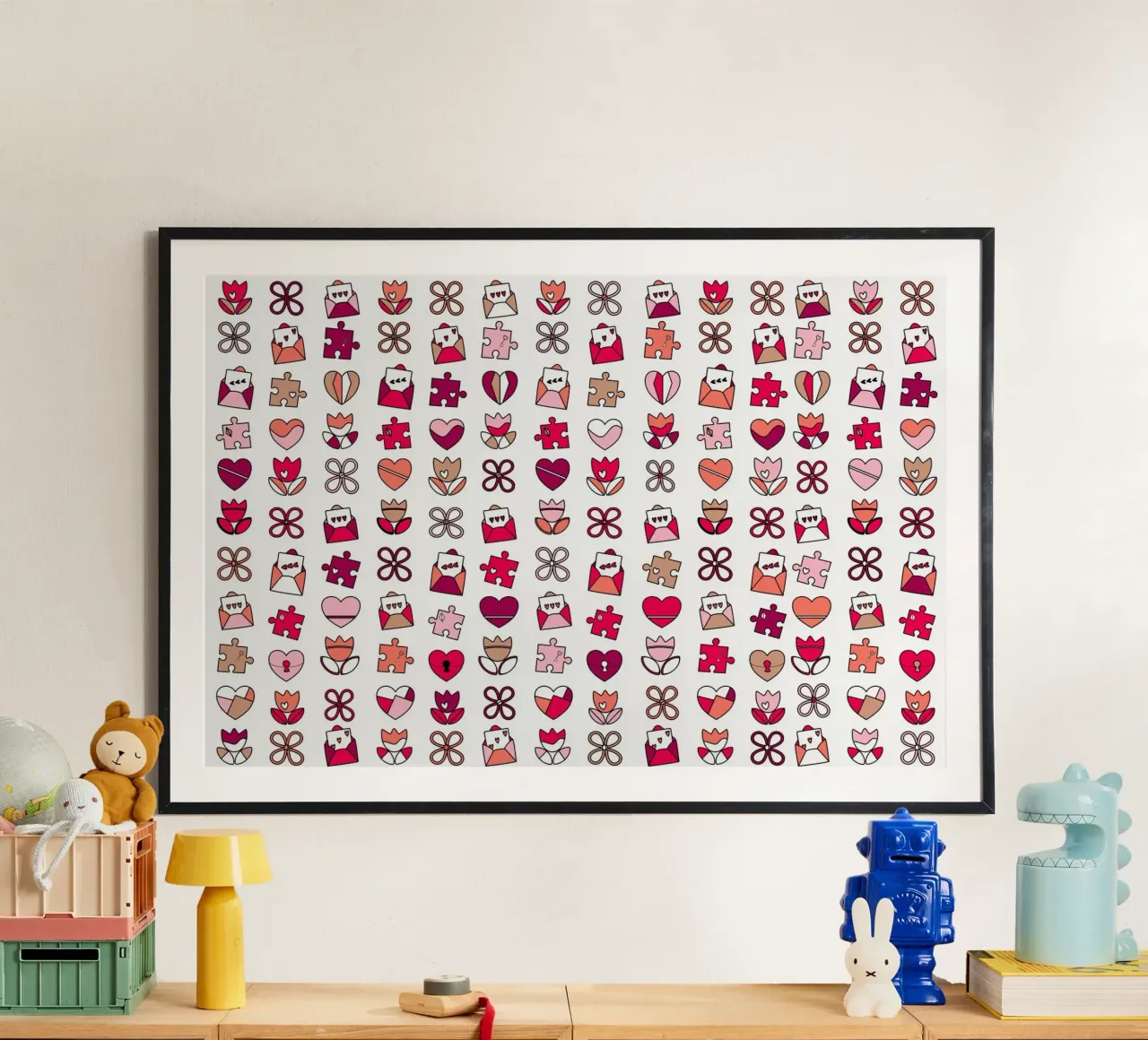 Buon San Valentino Design con cuori e fiori rosa. poster con telaio in alluminio da CreatedbySon
