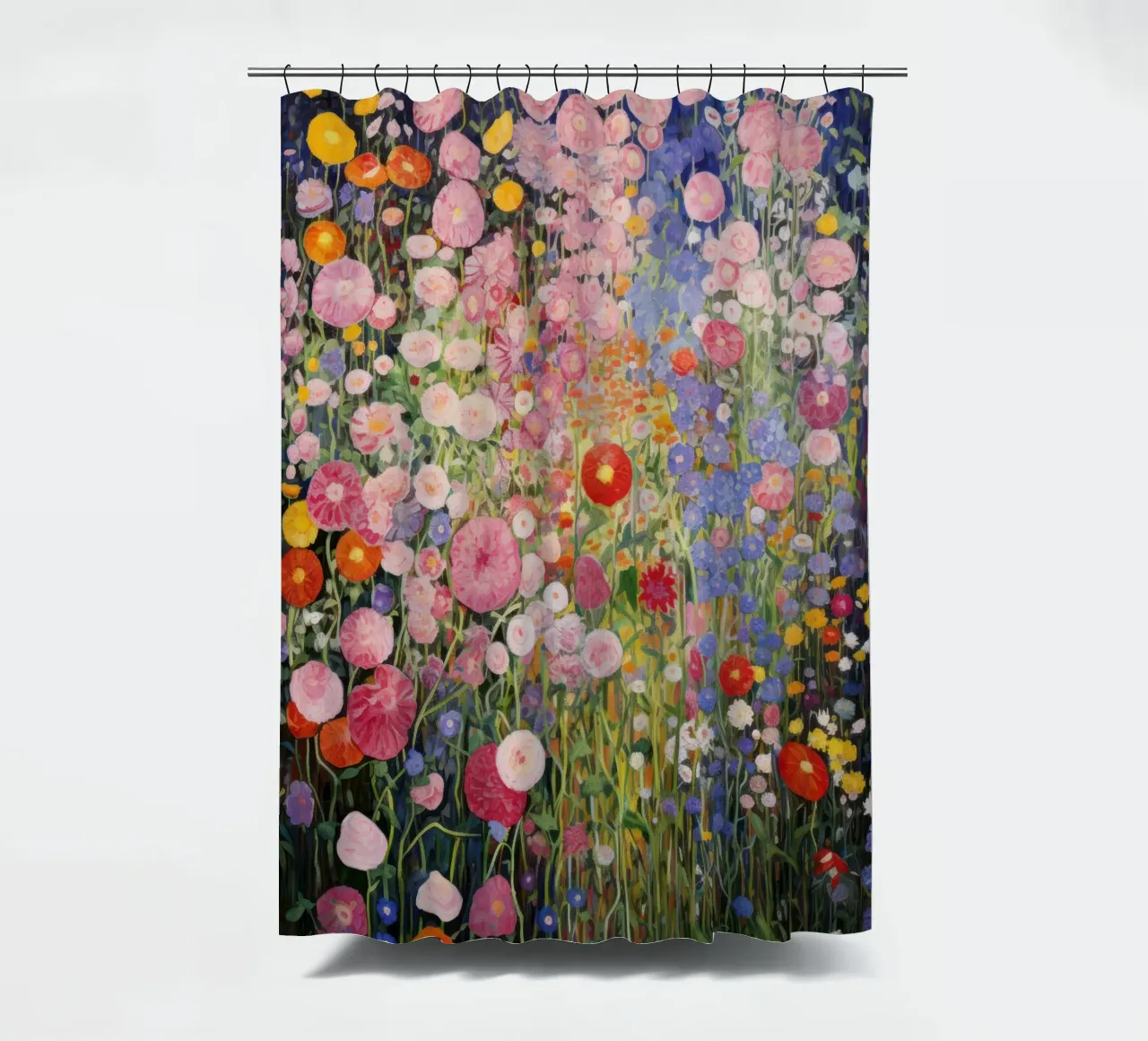Gustav Klimt, Flowers Garden at Night shower curtain by Peaches Art Prints