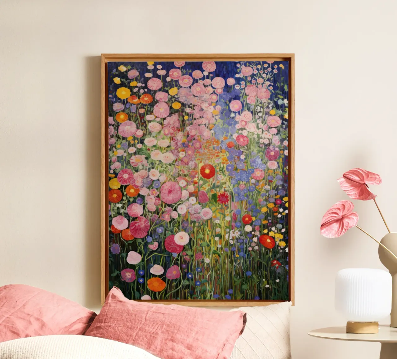 Gustav Klimt, Bloementuin bij nacht canvas met Baklijst van Peaches Art Prints