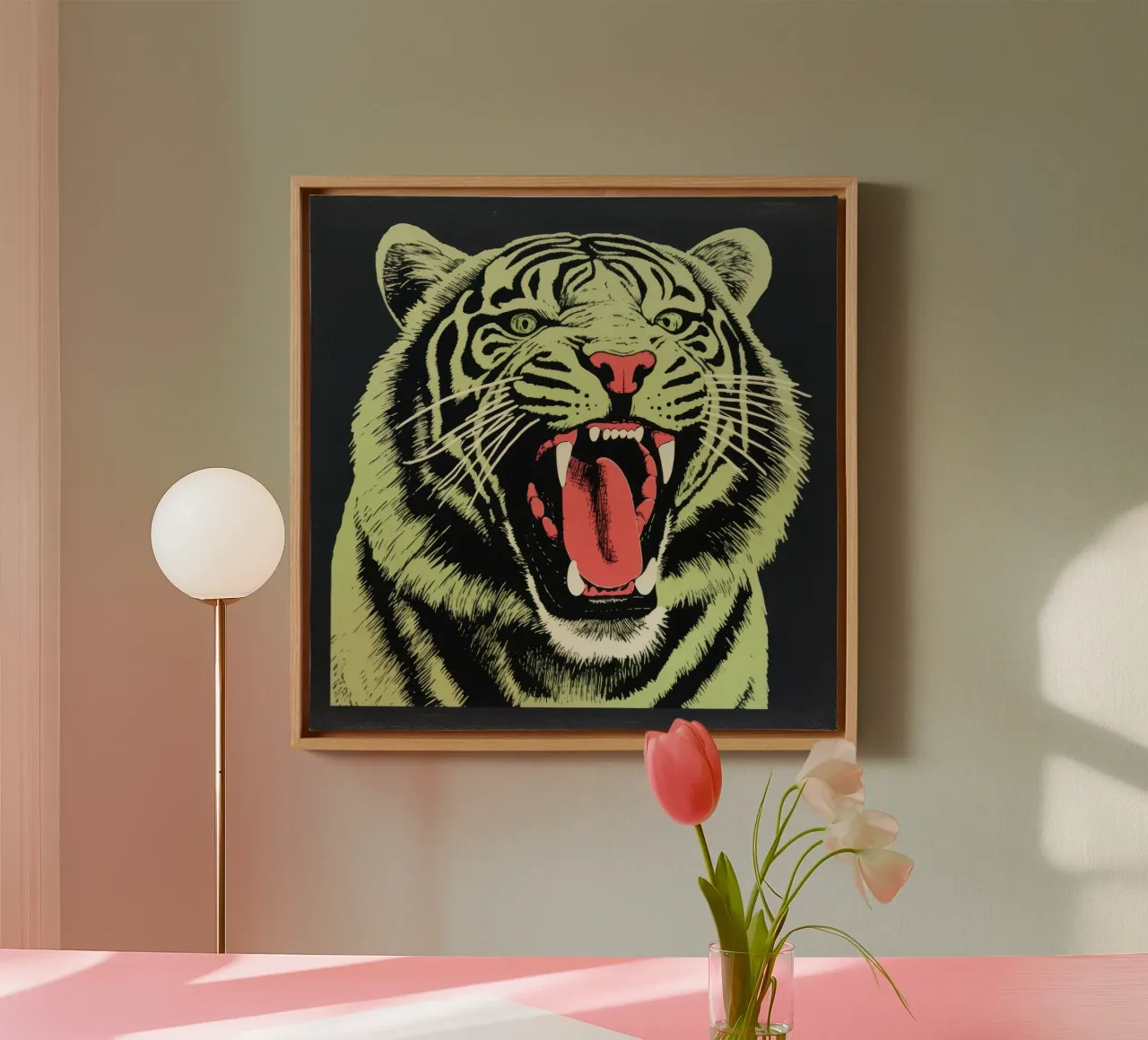 Groene tijger 2 canvas met Baklijst van Minimal Animal Art