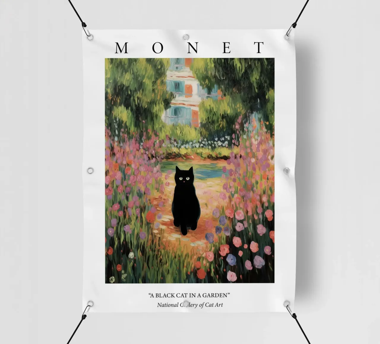 Giardino di Monet con dipinto un gatto nero telo in pvc da Peaches Art Prints