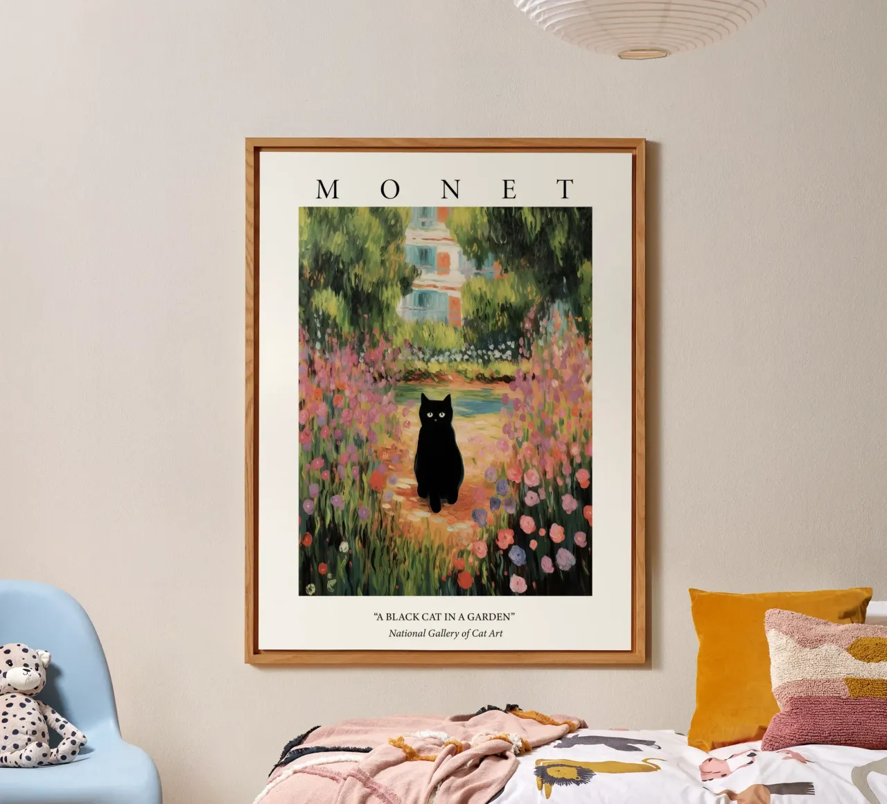 Giardino di Monet con dipinto un gatto nero alluminio dibond da Peaches Art Prints