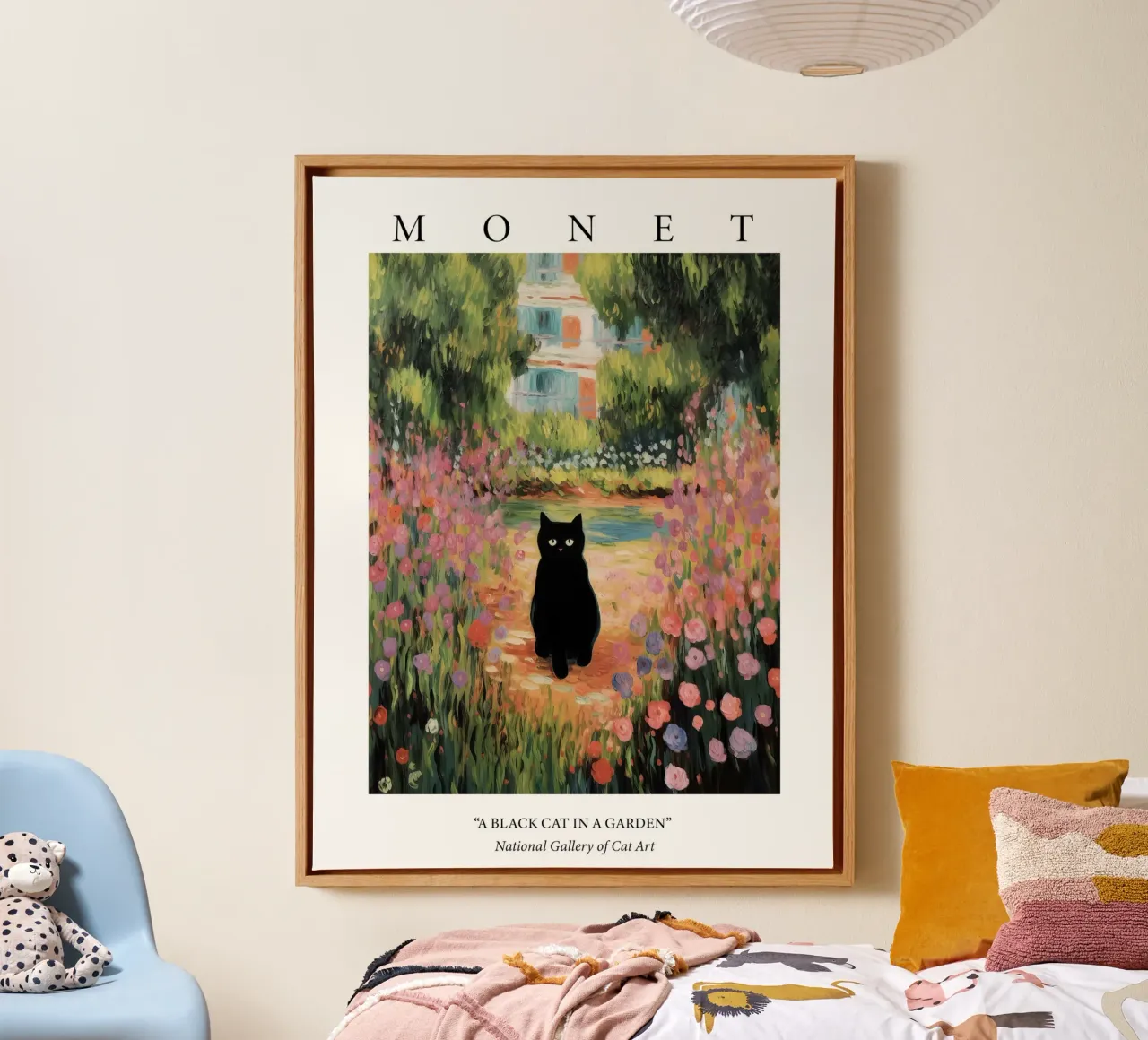 Giardino di Monet con dipinto un gatto nero tela con Cornice a cassetta da Peaches Art Prints