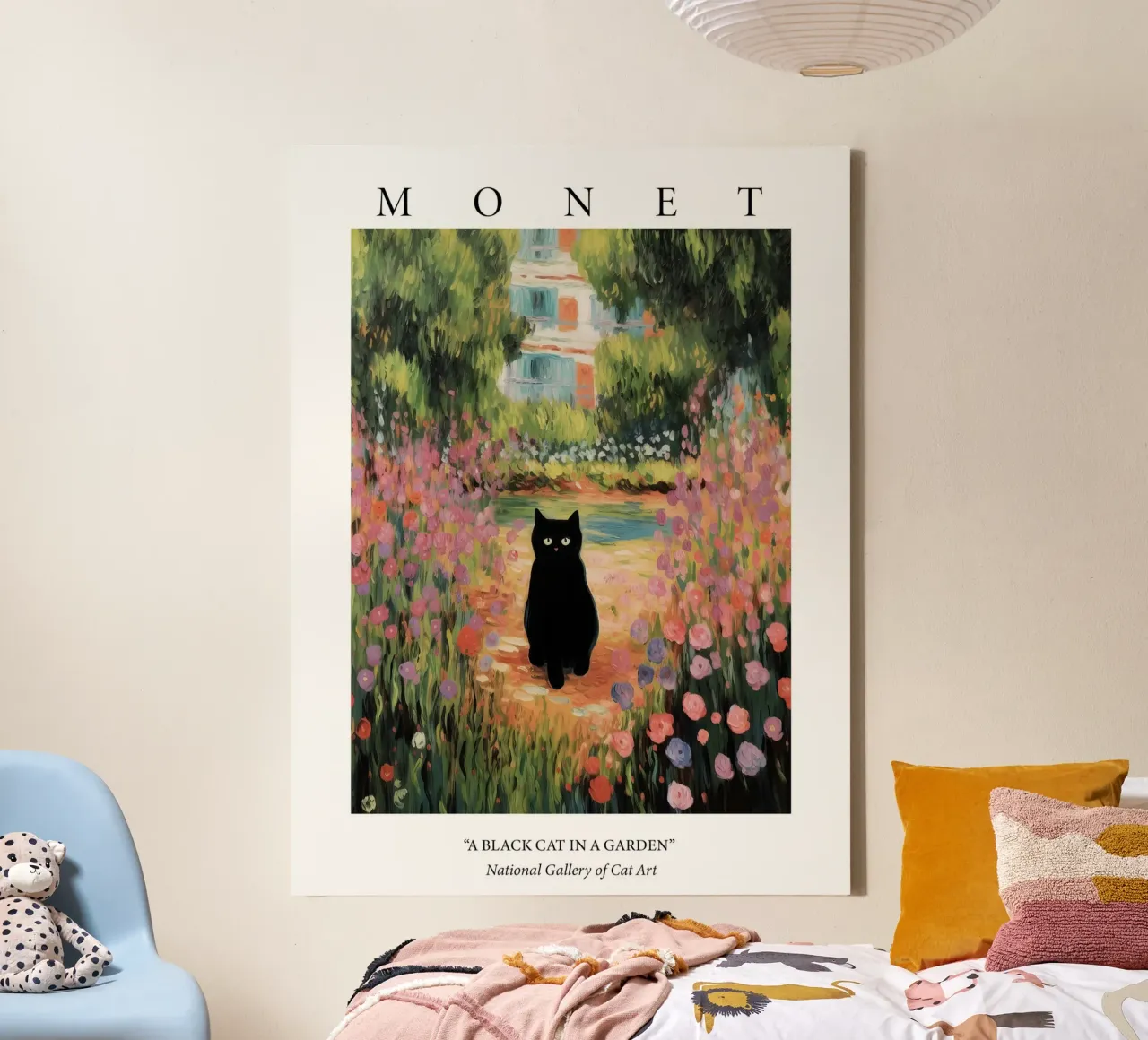 Giardino di Monet con dipinto un gatto nero tela con Cornice a cassetta da Peaches Art Prints