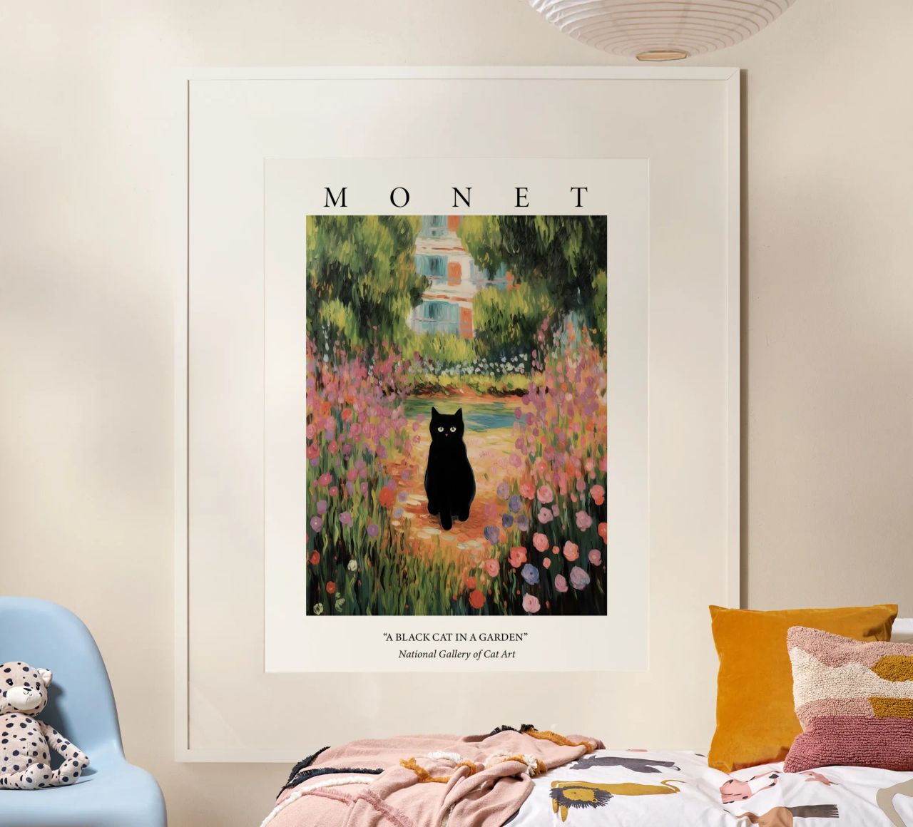 Monet Garten mit einer schwarzen Katze Gemälde Poster von Peaches Art Prints